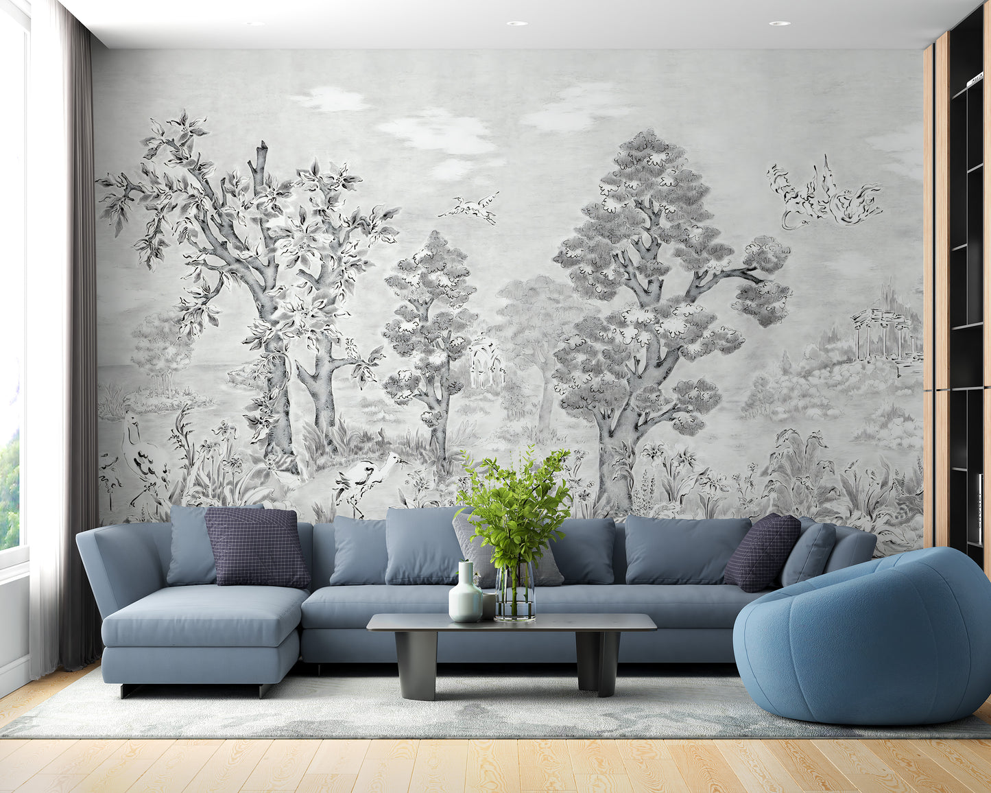 Black & White Watercolour Tropical Tree Mural