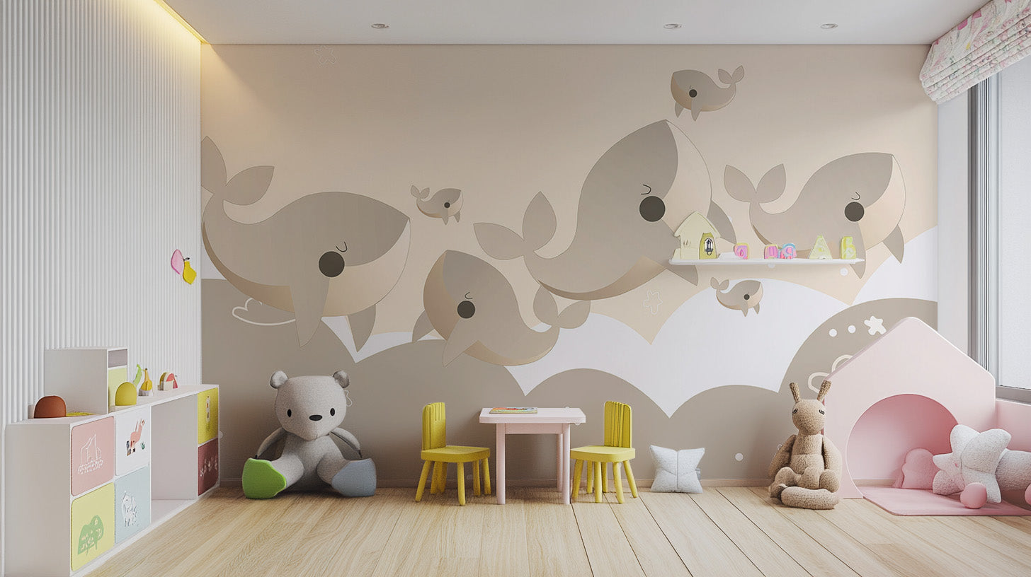 Cheerful Playful Whales Nursery Wall Mural for kids