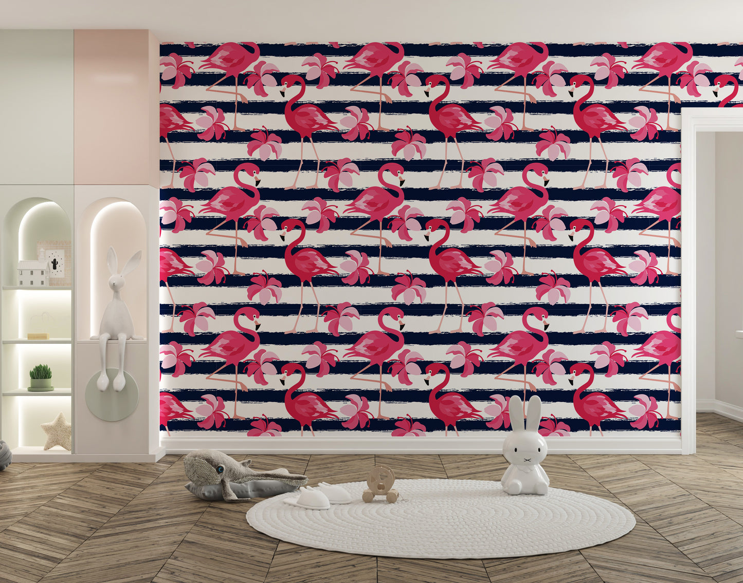 Flamingo Oasis in Blue Stripes Wallpaper