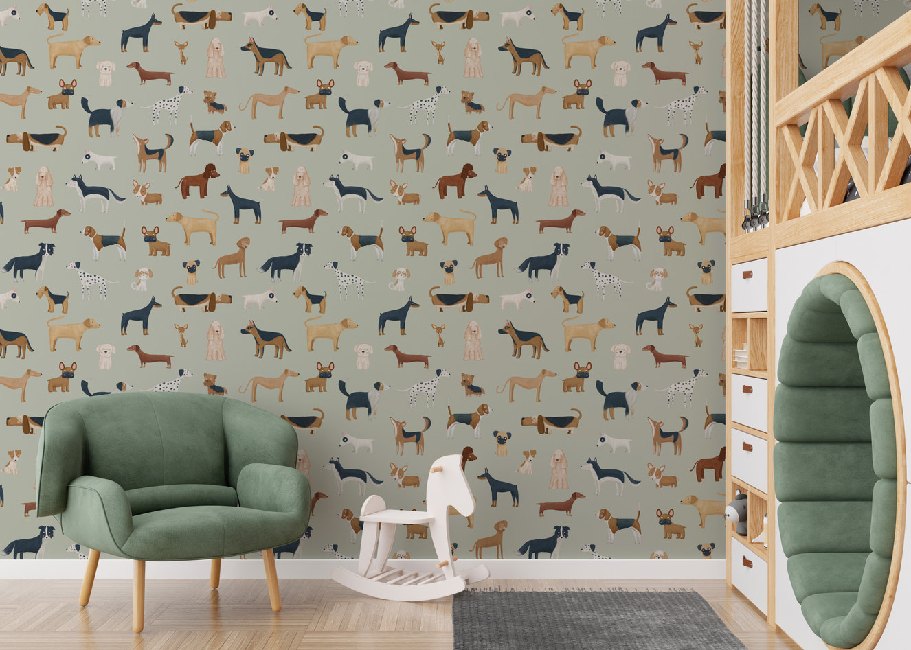 Sage Green Dogs Breed Pattern Wallpaper