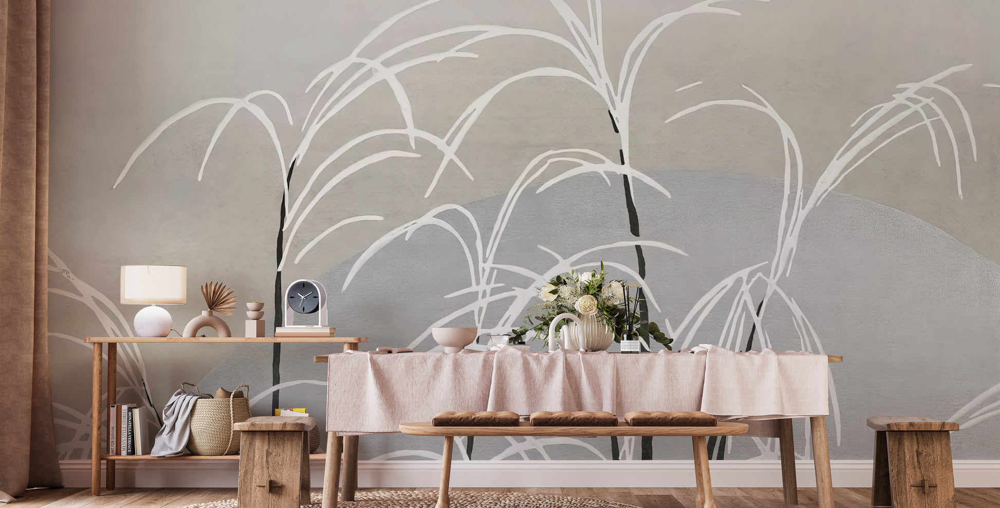 Serene mural featuring soft white reeds in a minimalist style
