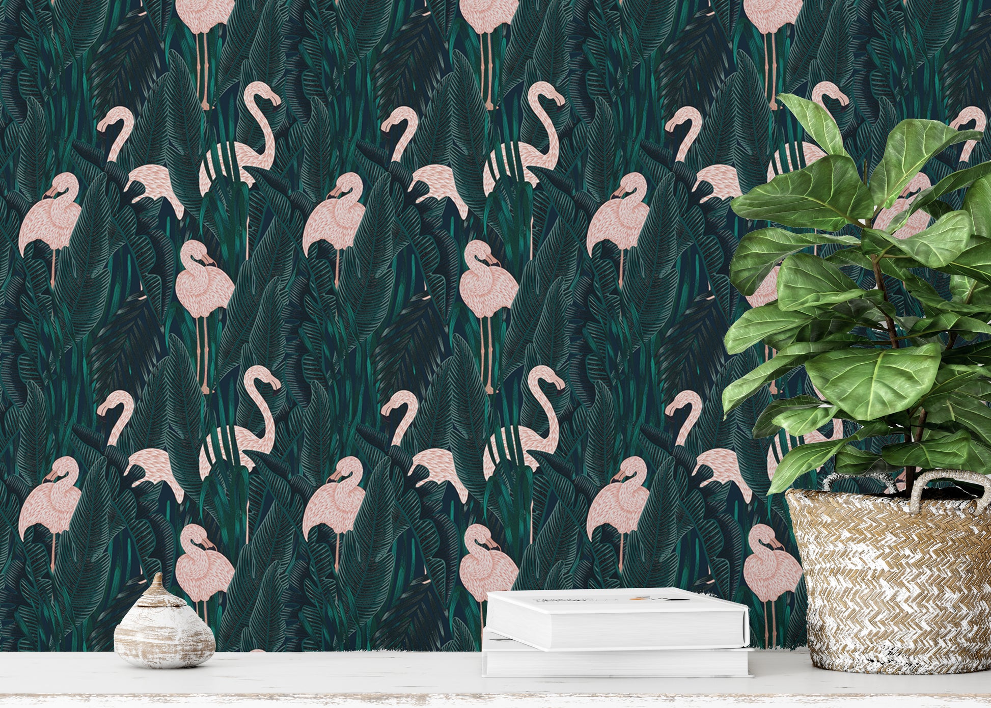 Graceful flamingos wallpaper with lush exotic details