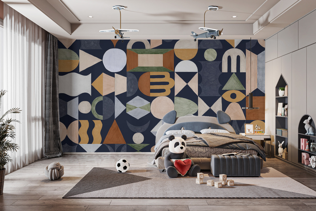 Retro geometric totem wallpaper with bold vintage patterns
