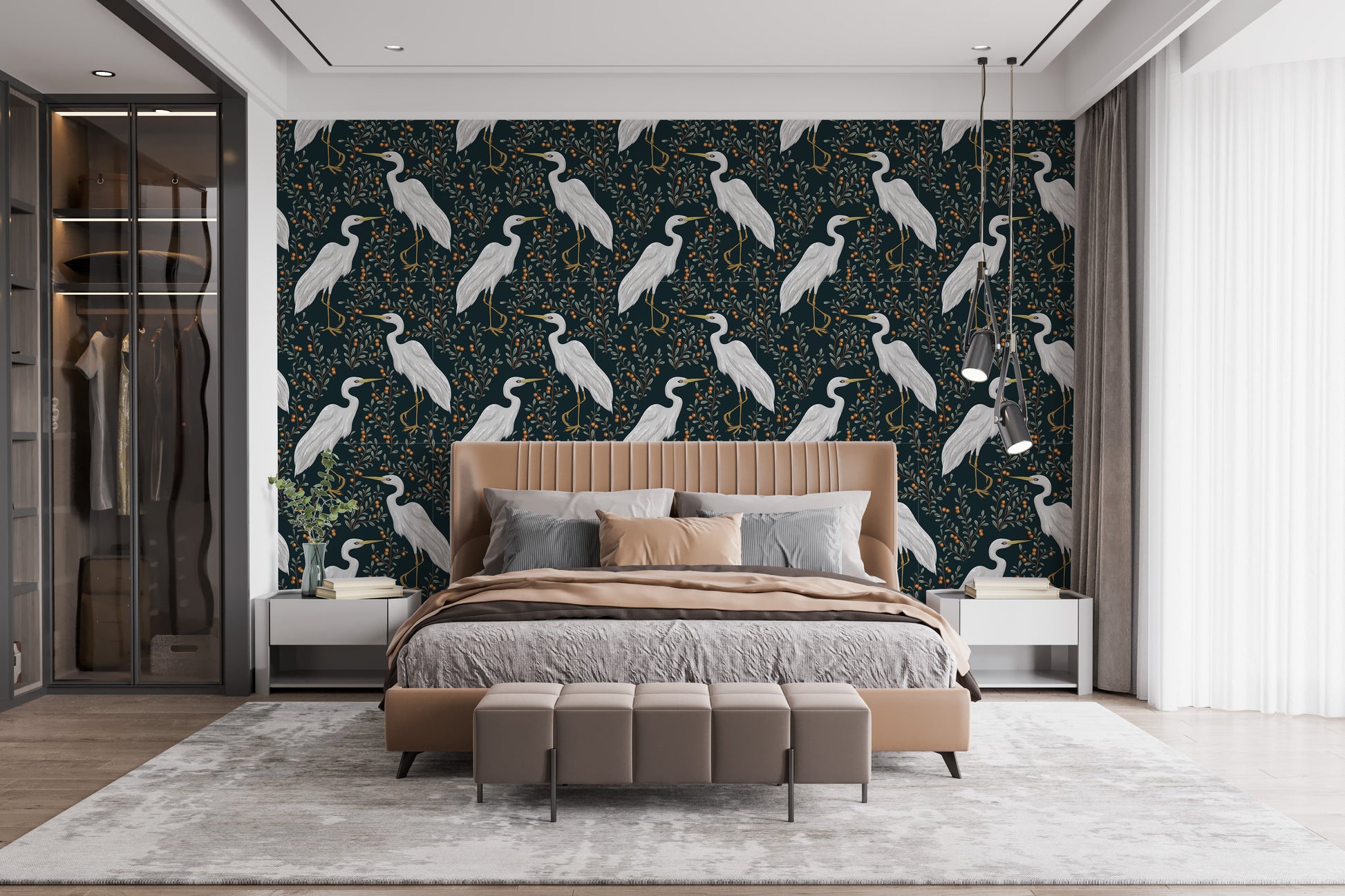 Heron mural wallpaper with cranberry field theme
