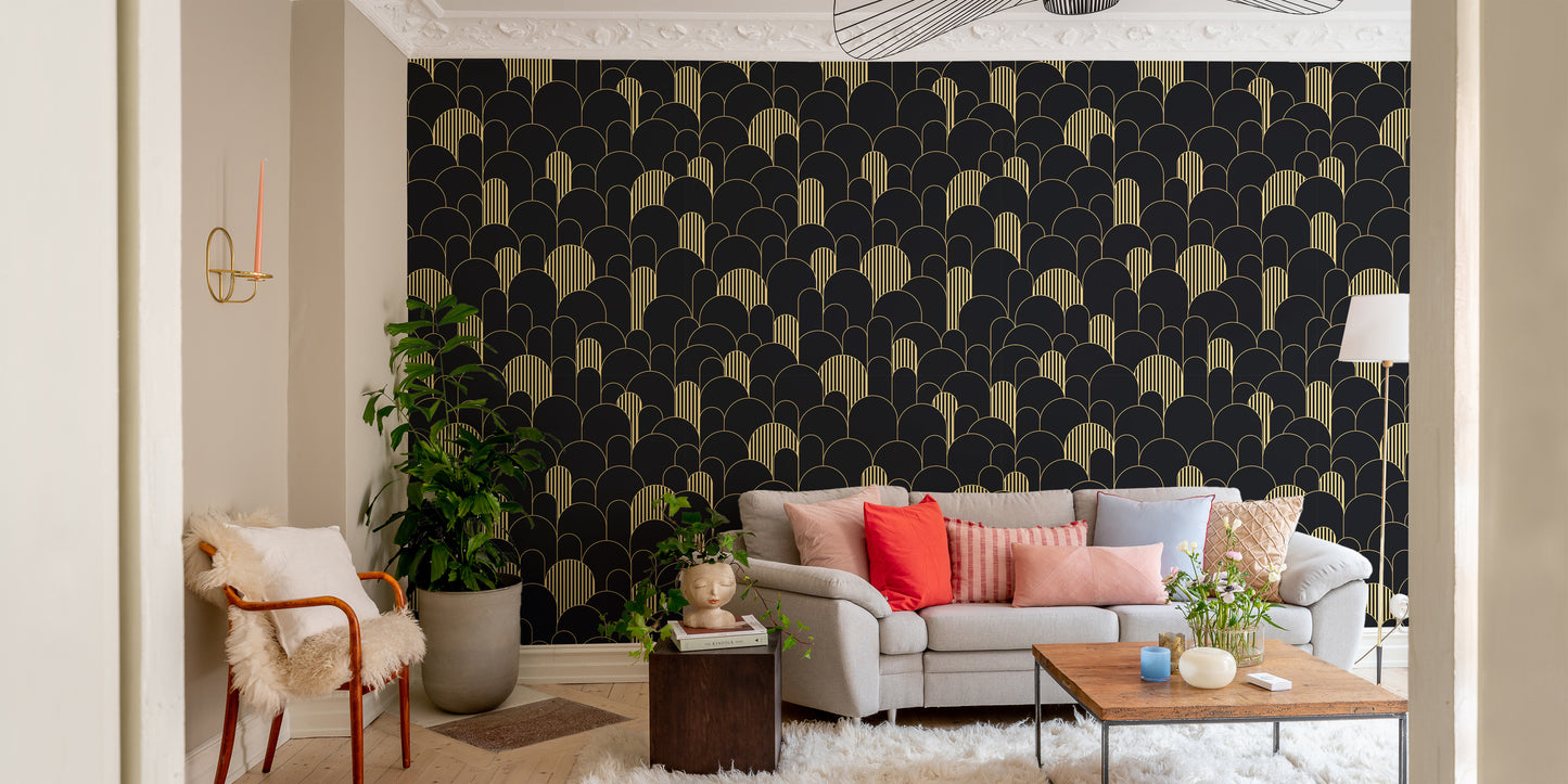 Repeating golden line patterns in Deco design.