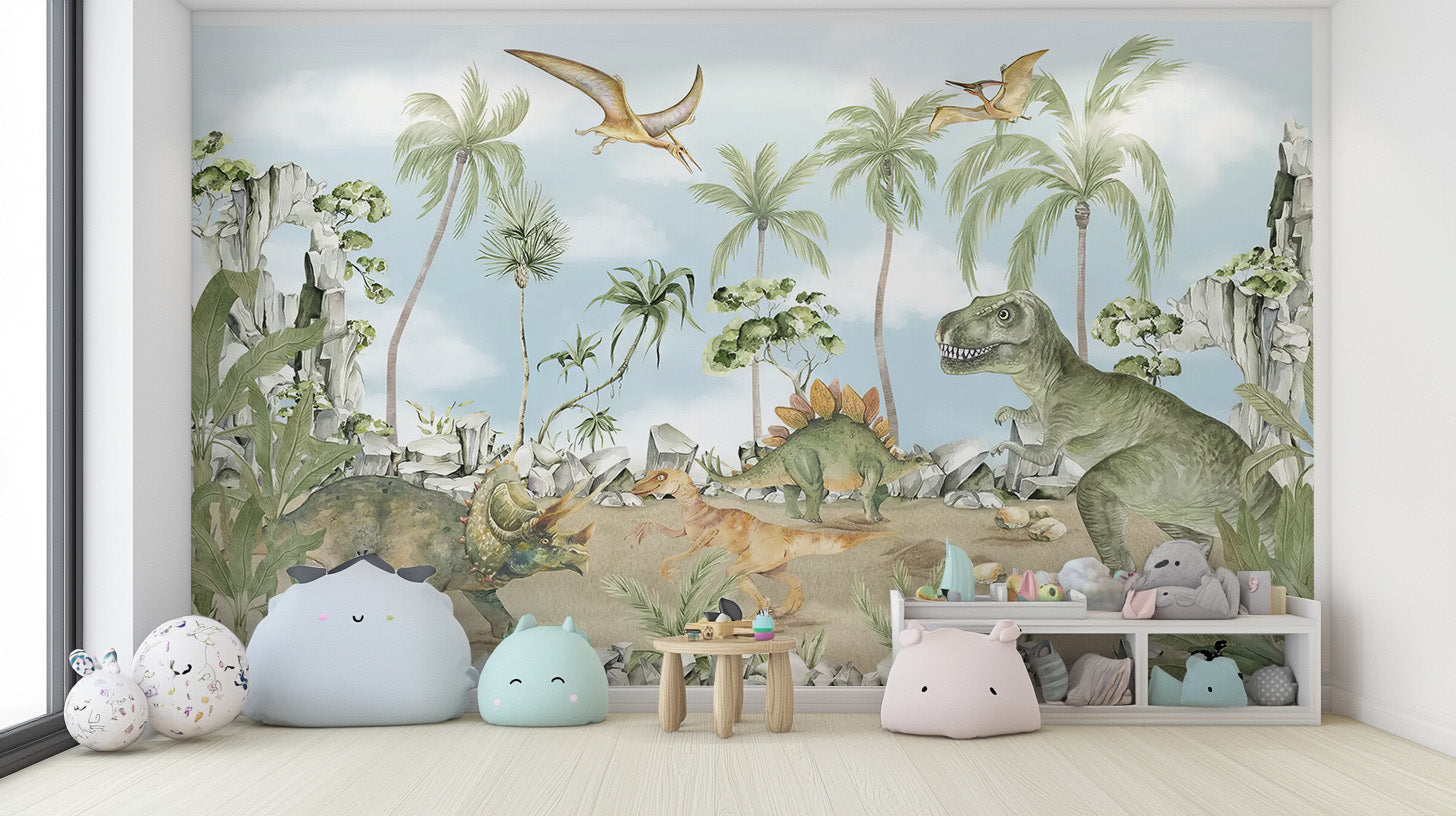 Vibrant mural featuring dinosaurs in a colorful landscape
