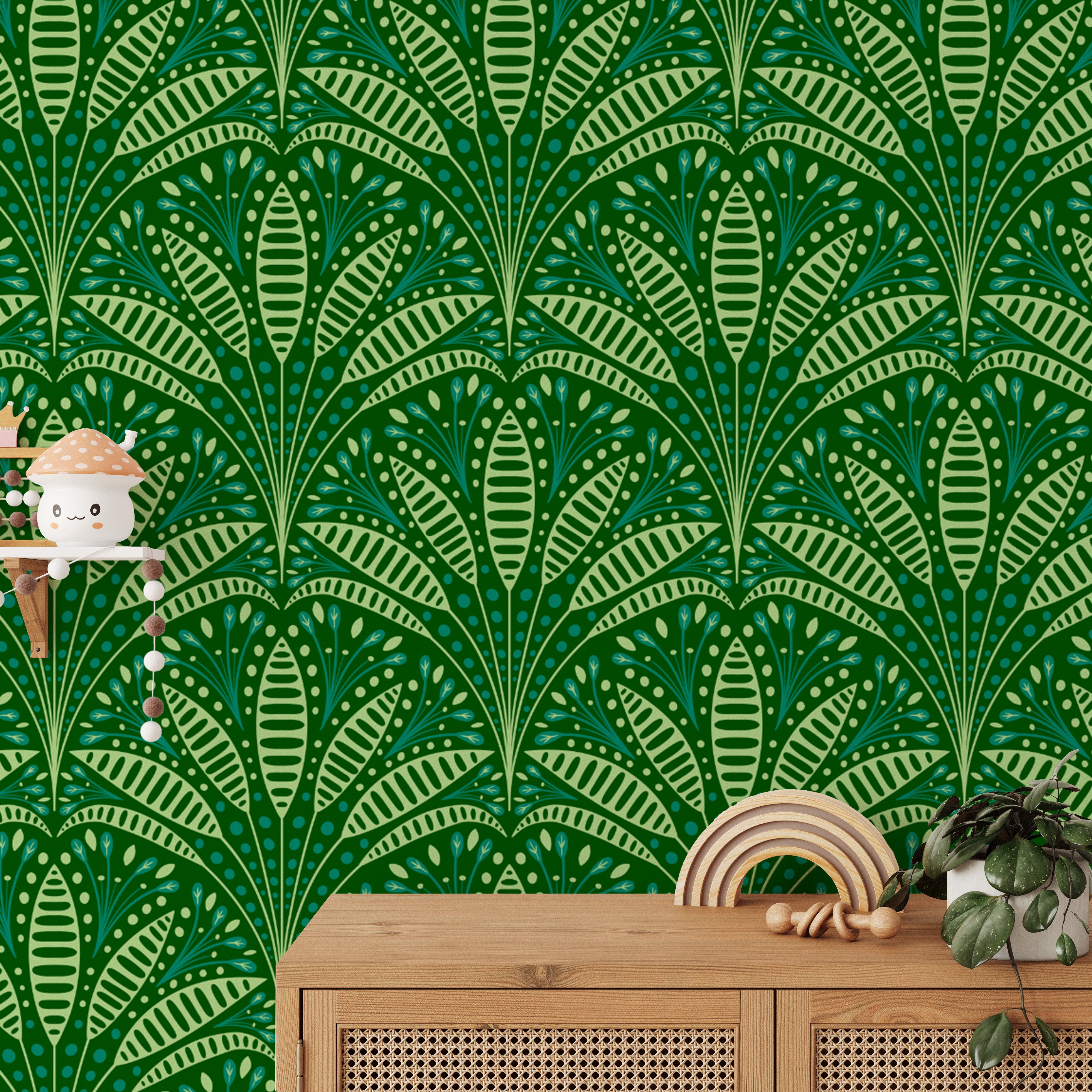 Luxurious Art Deco wallpaper featuring green palm leaves
