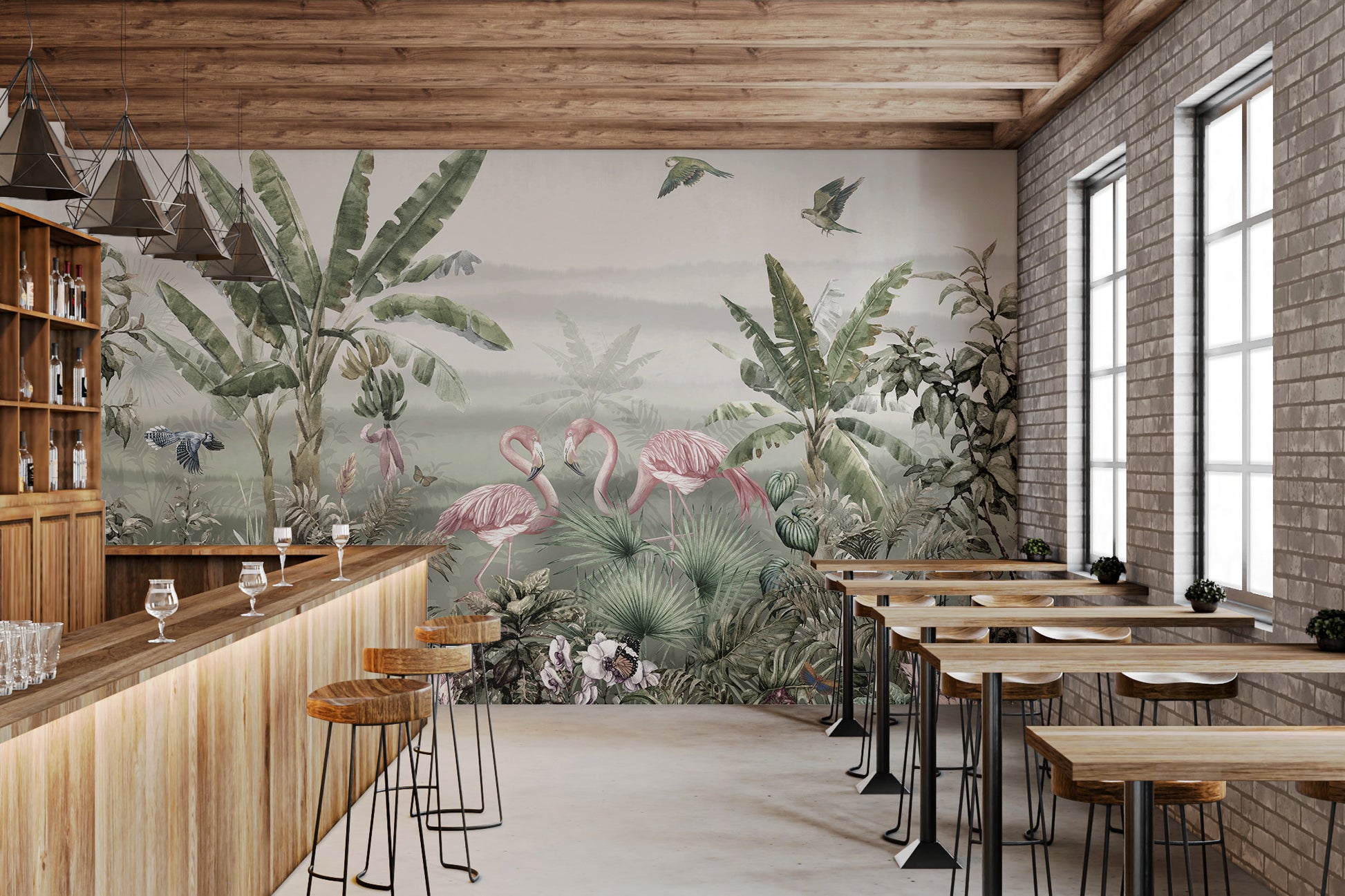 Vibrant mural with tropical birds and leaves