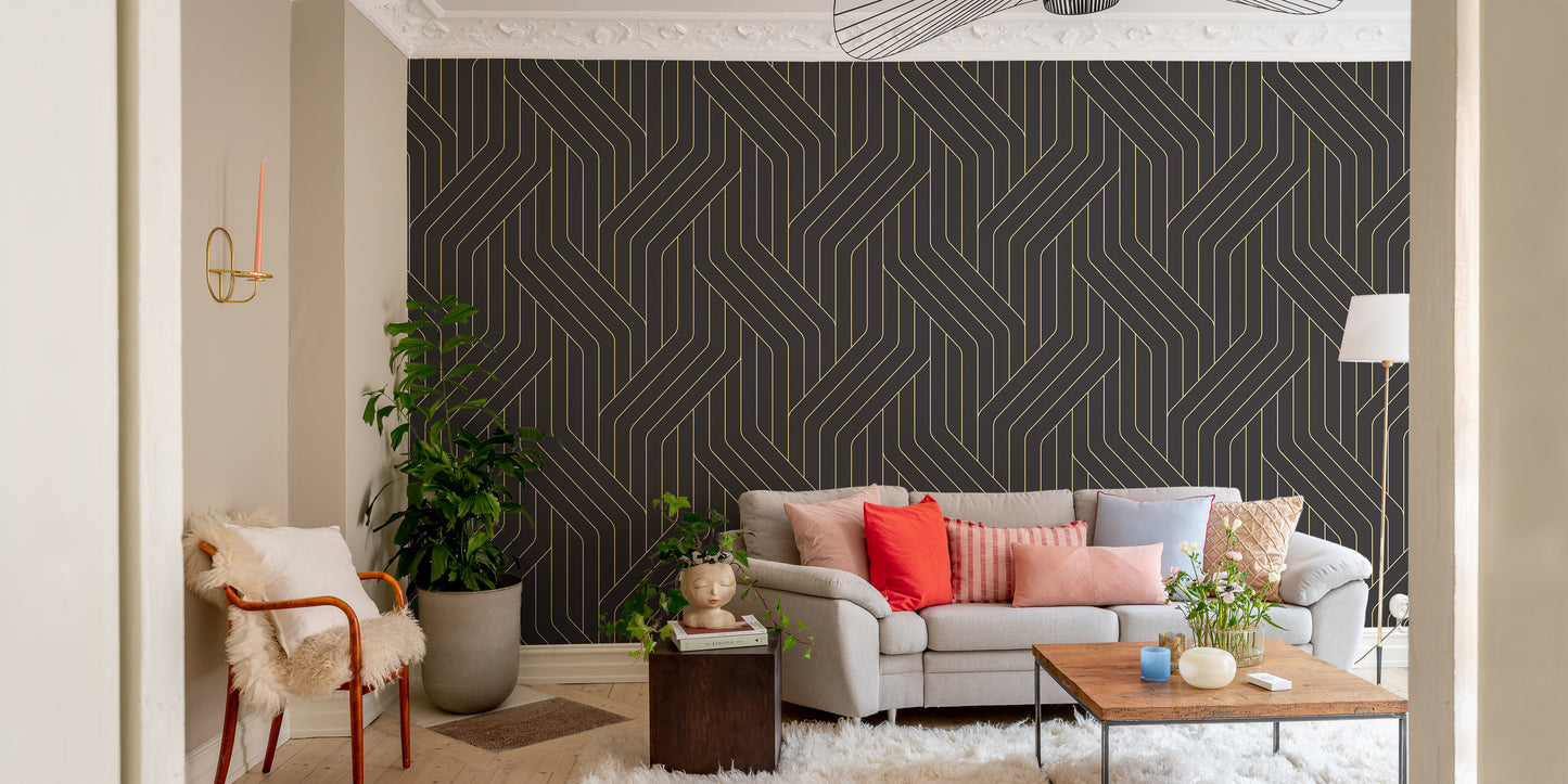 Deco black and gold rounded line wallpaper.