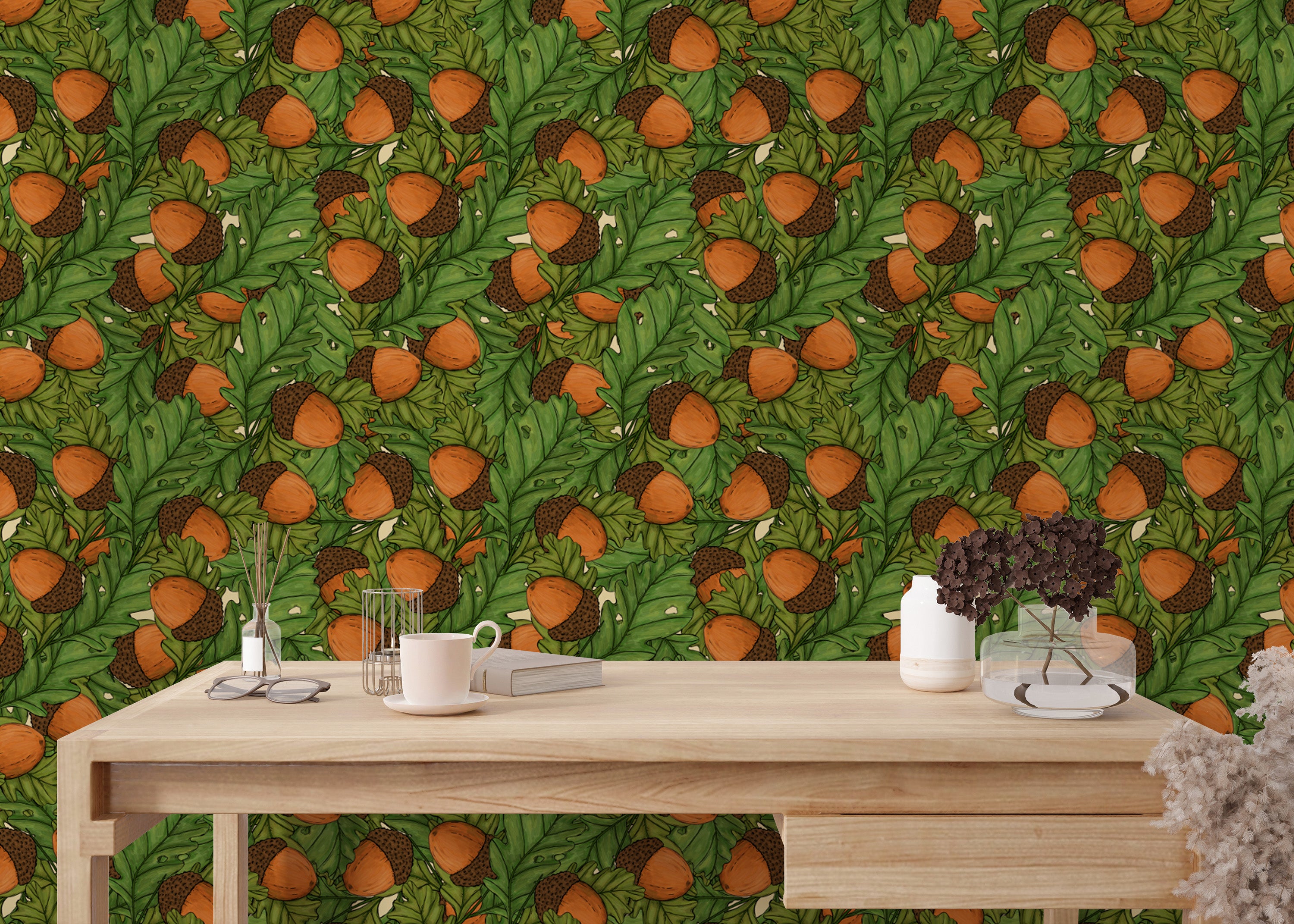 Decorative wallpaper with whimsical acorns patterns
