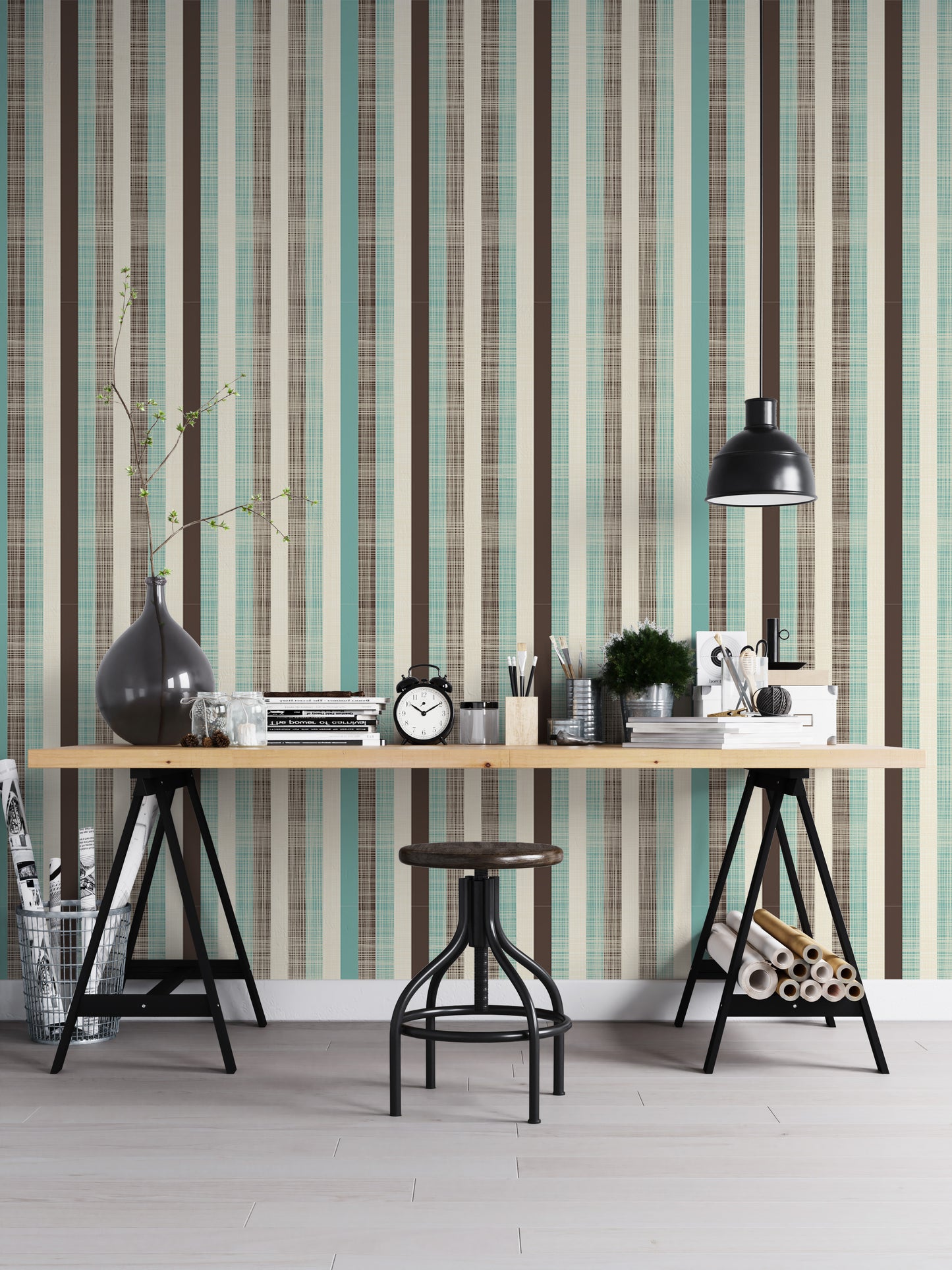 Retro Fabric Green Brown Stripe Wallpaper