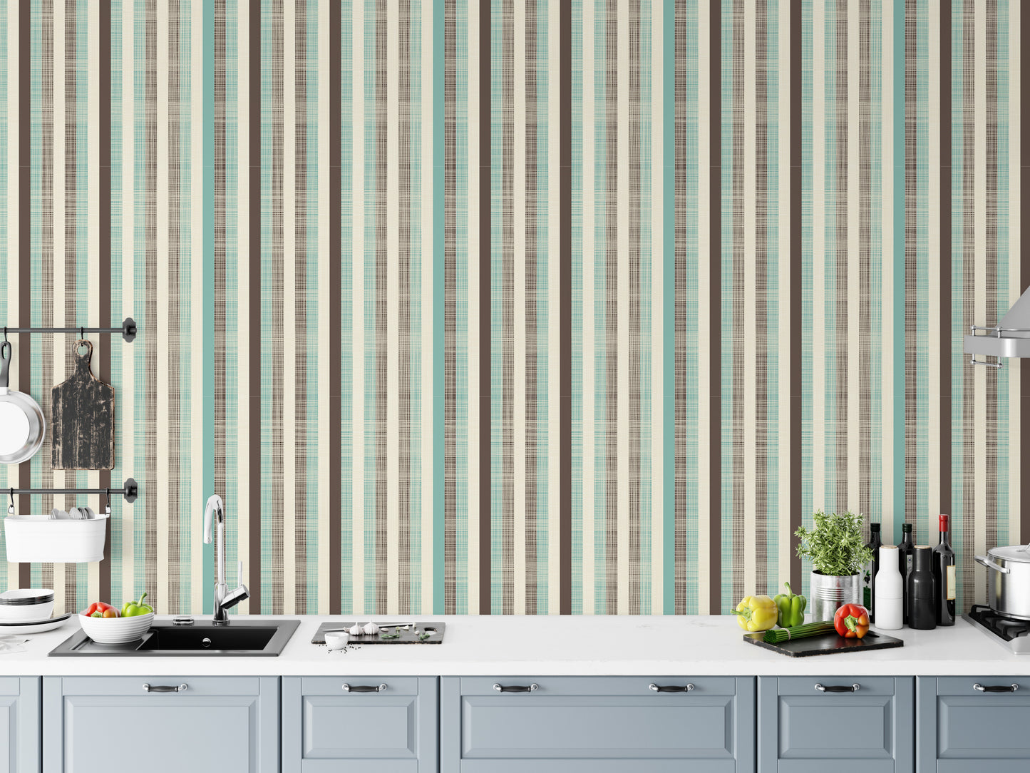 Retro Fabric Green Brown Stripe Wallpaper