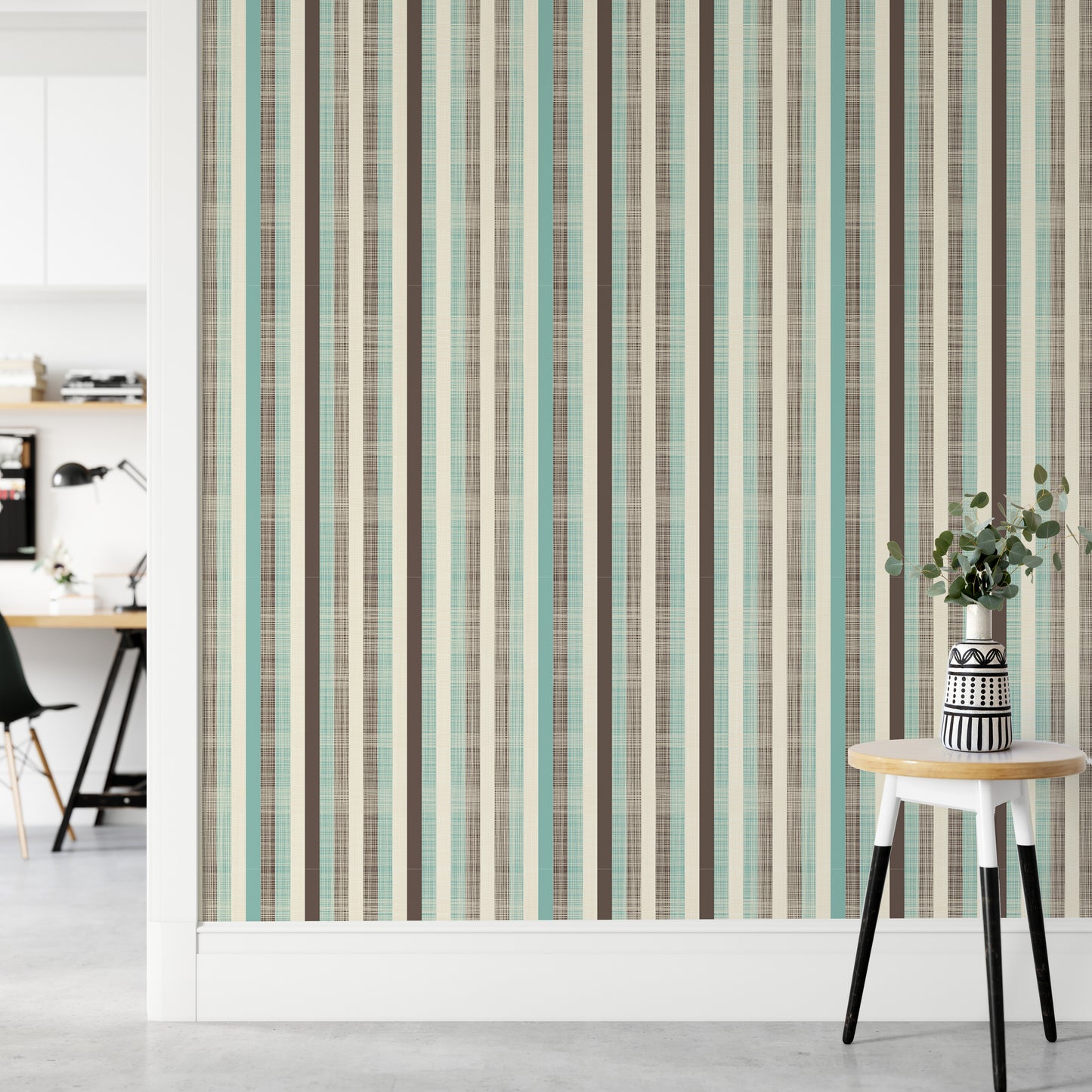 Retro Fabric Green Brown Stripe Wallpaper