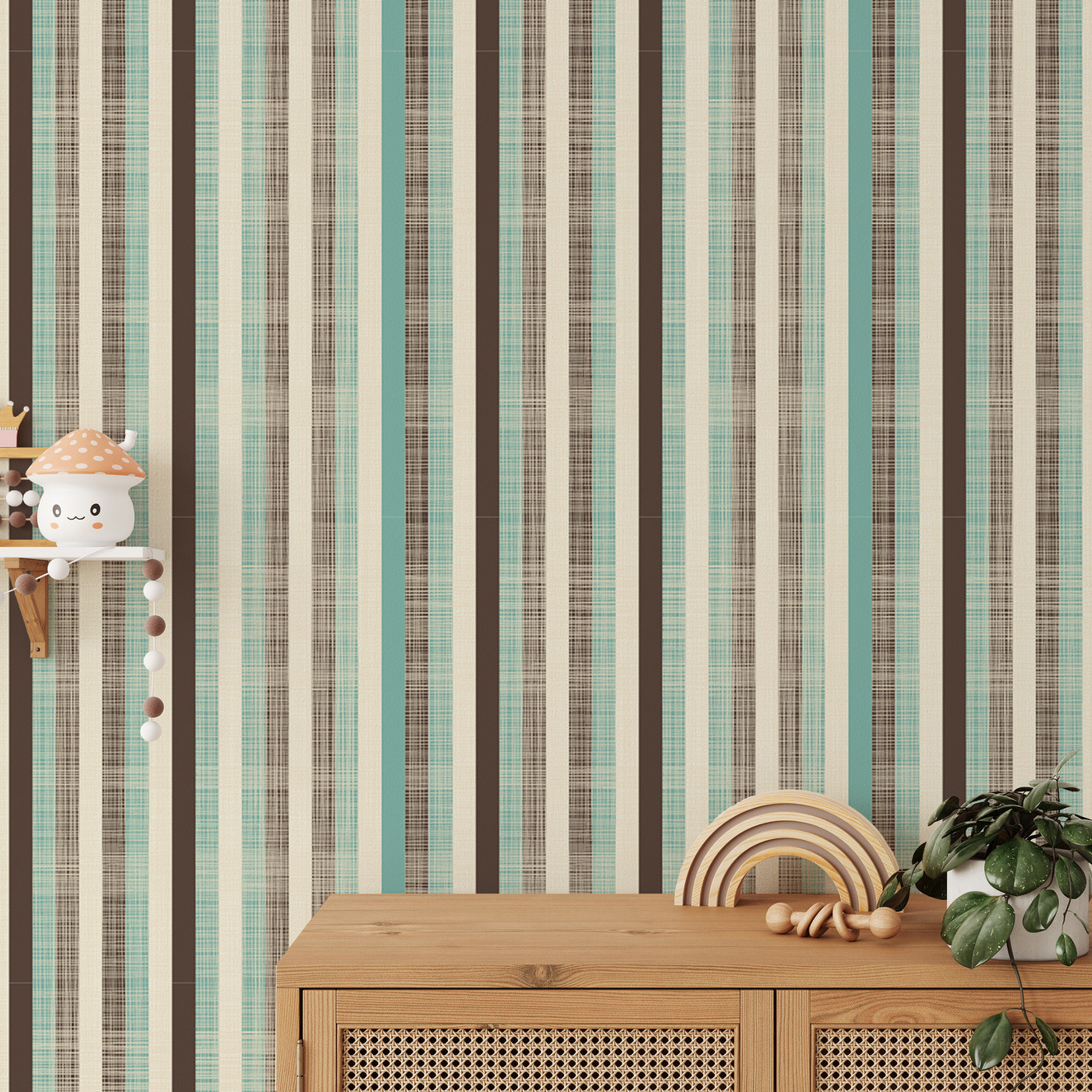 Retro Fabric Green Brown Stripe Wallpaper