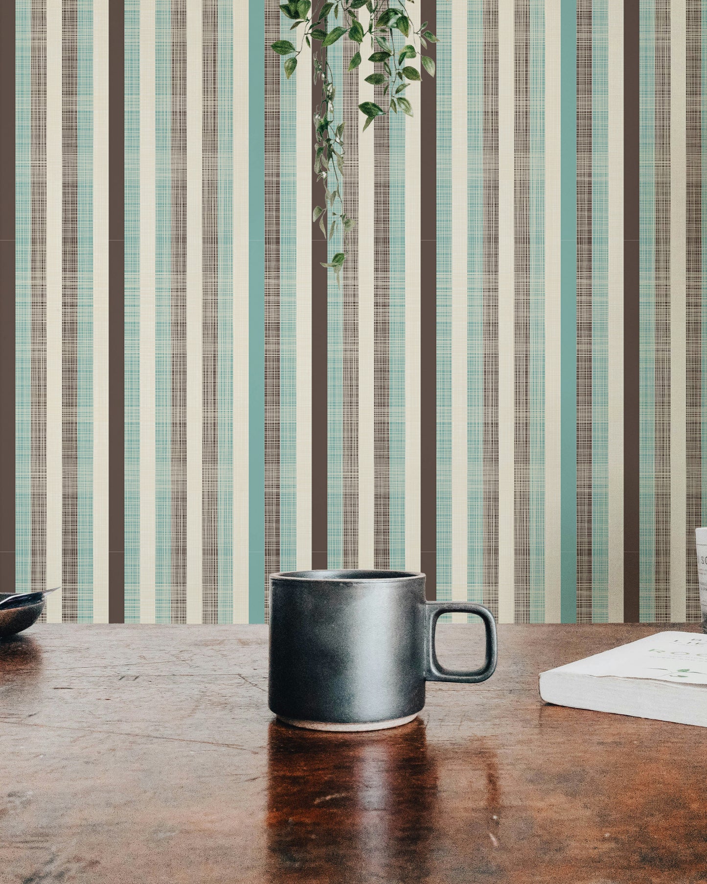 Retro Fabric Green Brown Stripe Wallpaper