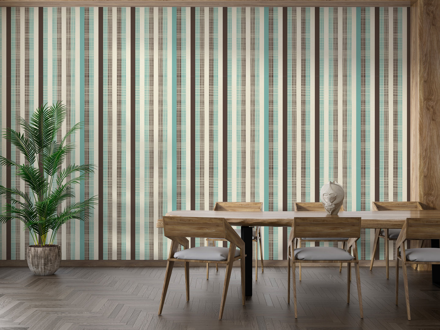 Retro Fabric Green Brown Stripe Wallpaper