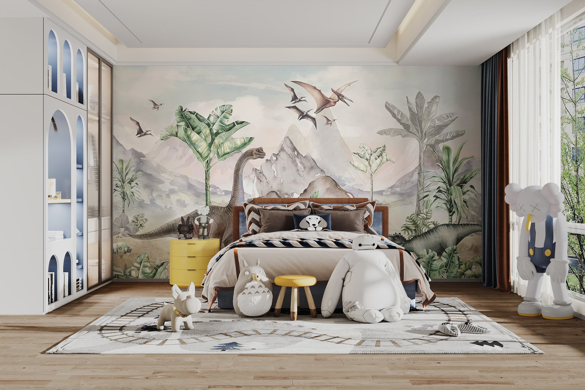 Watercolor-style Jurassic mural showcasing a calm dinosaur landscape with green plants, a Brachiosaurus, pterosaurs flying, and mountain scenery.