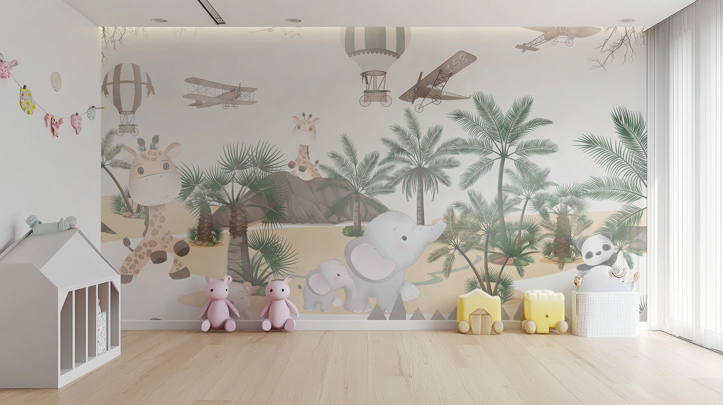 Cute Animal Safari Wall Mural for a lively safari theme