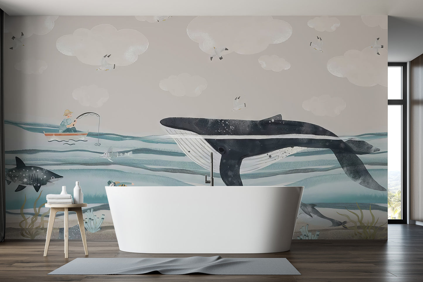 Fun kids room wallpaper with a large whale and sea creatures
