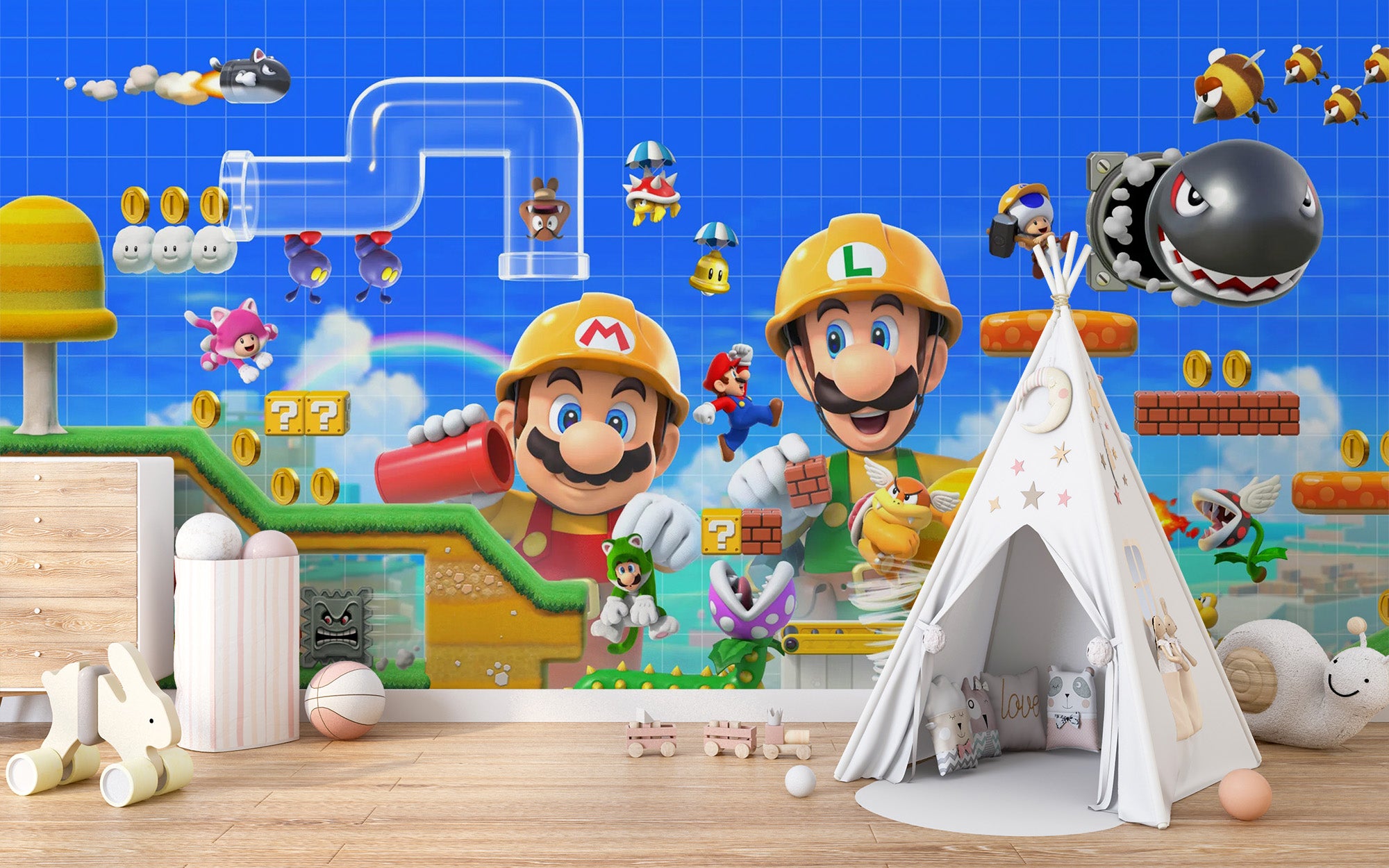 Lively Super Mario 3D mural for creative room designs
