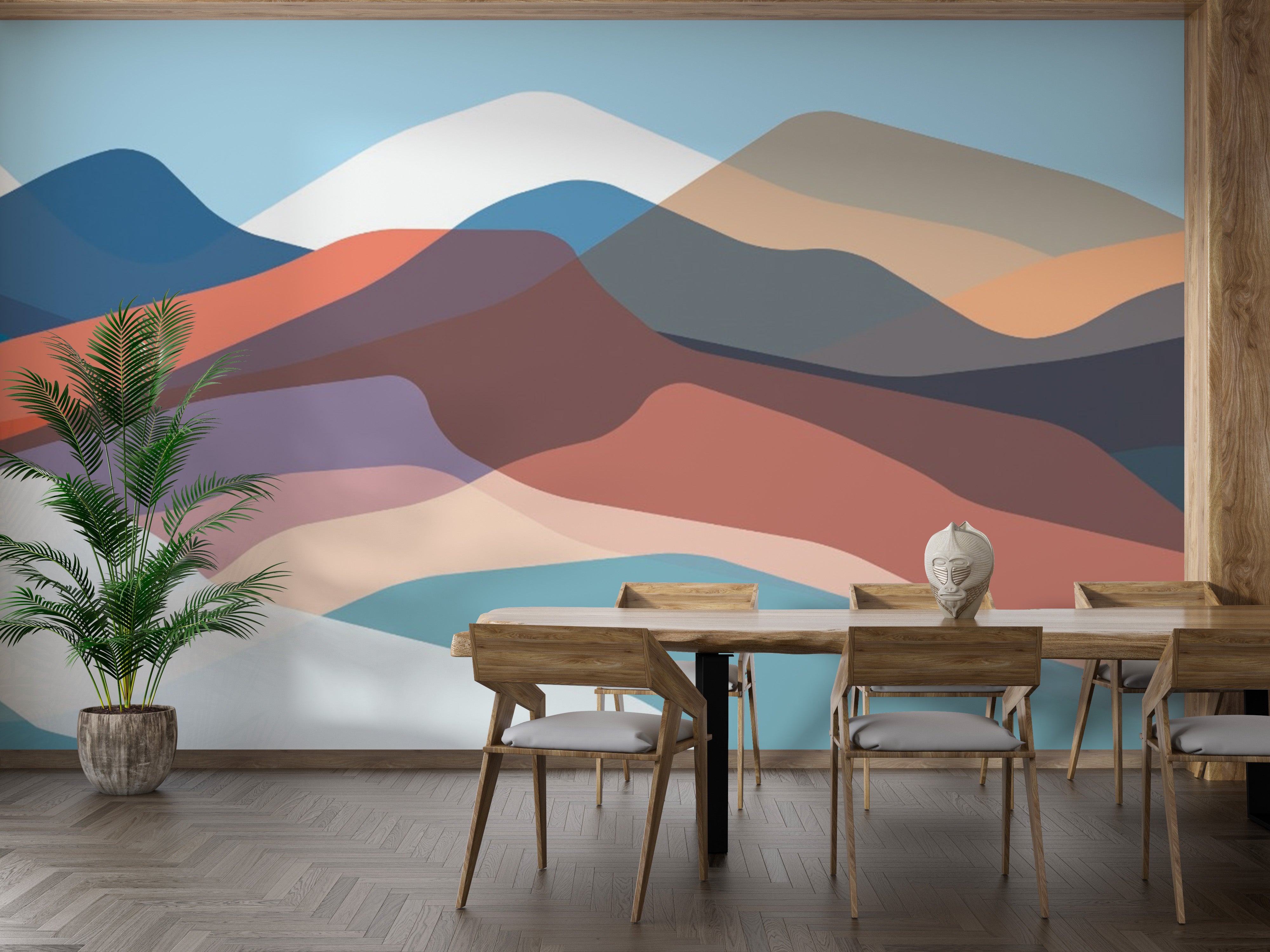 Multicolor mountain mural with abstract layered peaks and pastel accents