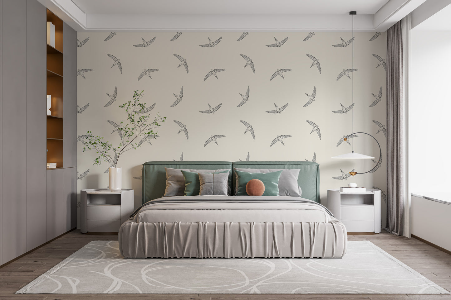 Artistic bird mural in beige wallpaper style
