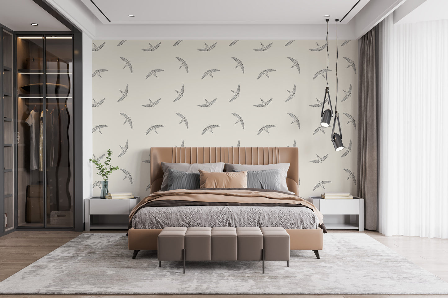 Stylish beige wallpaper with avian elements
