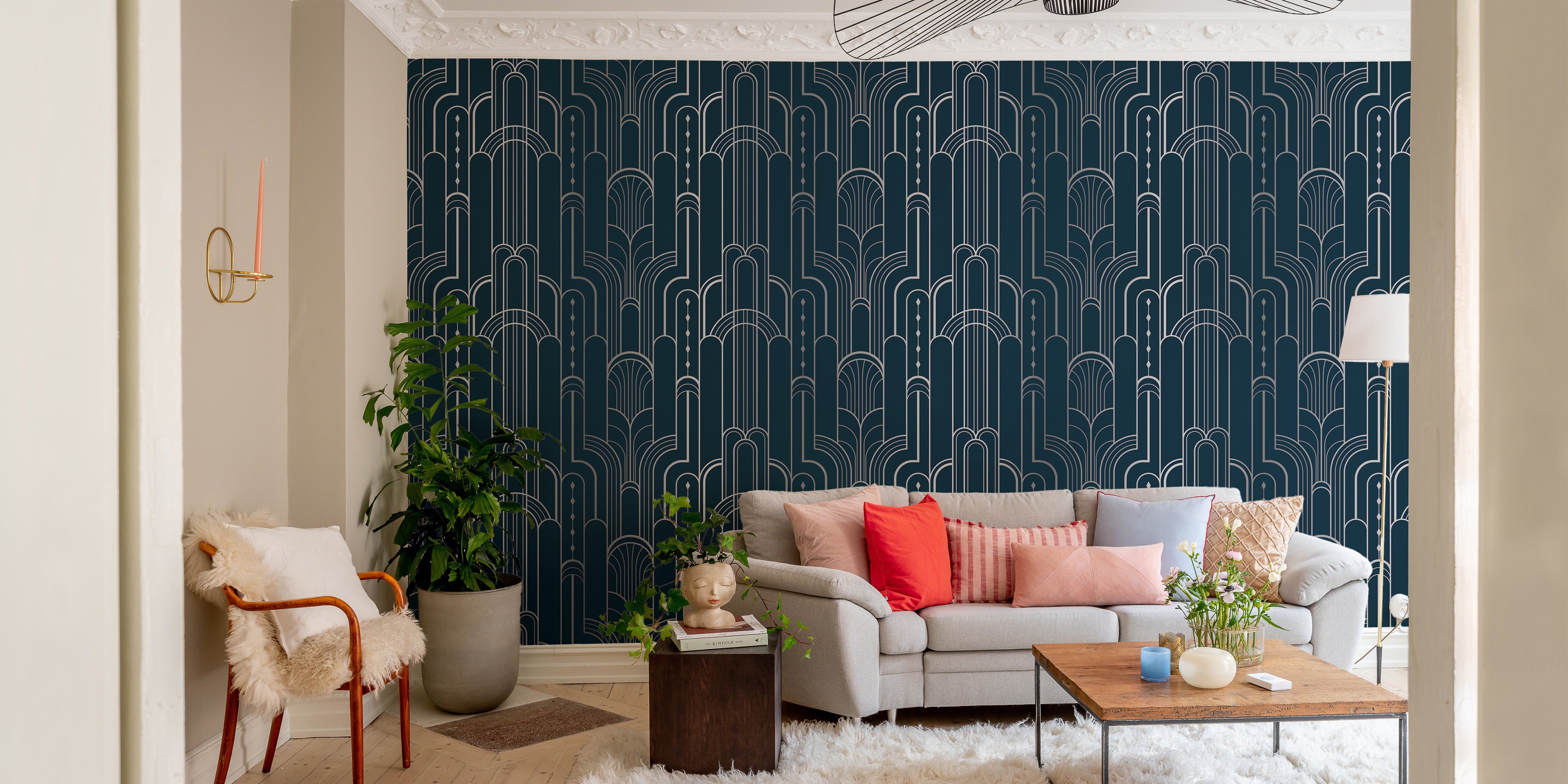 Dark blue removable Deco wallpaper with silver.