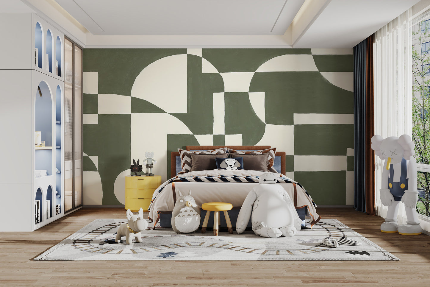 Stylish mural featuring emerald green geometric designs
