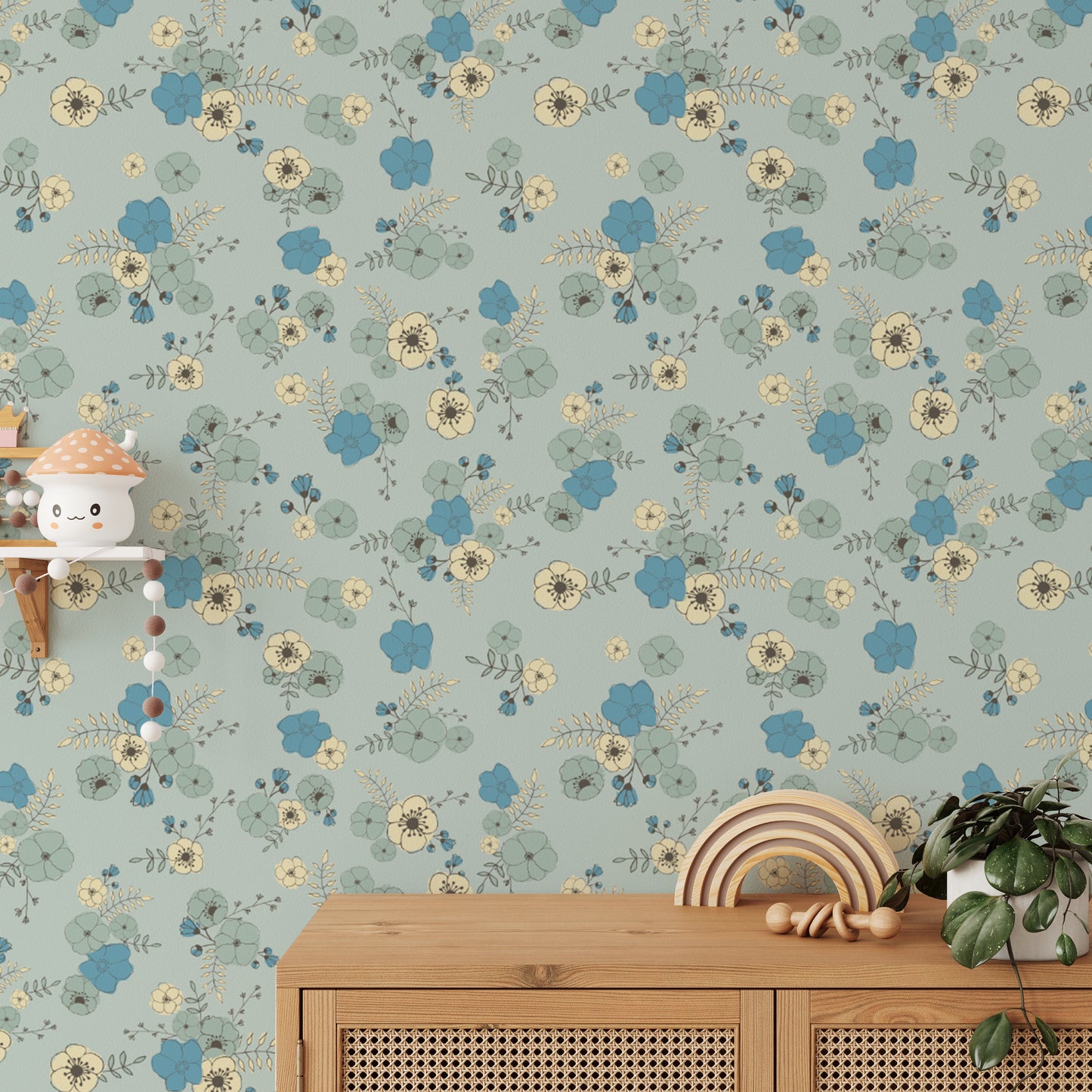 Ditsy Blooms Pastel Blue Wallpaper