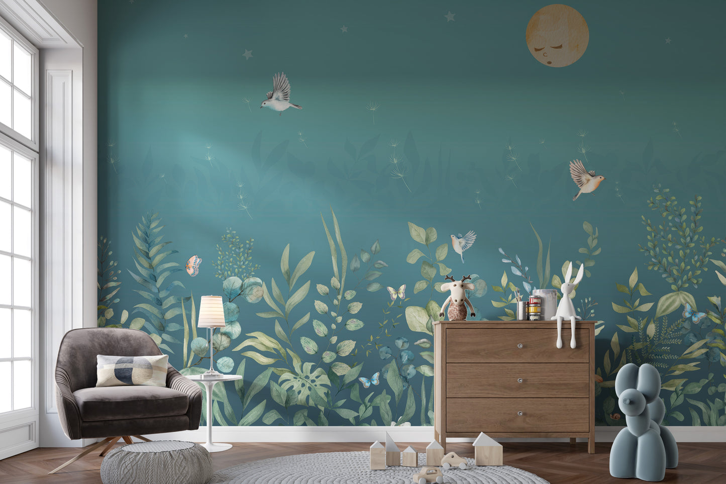 Peaceful moonlit garden mural with floral accents