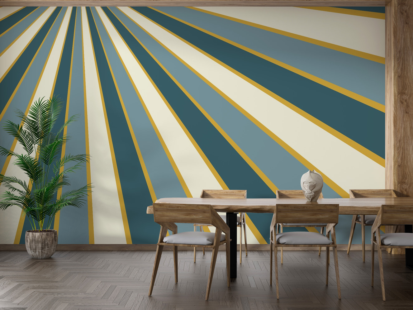 Green and cream abstract wallpaper with bold striped lines