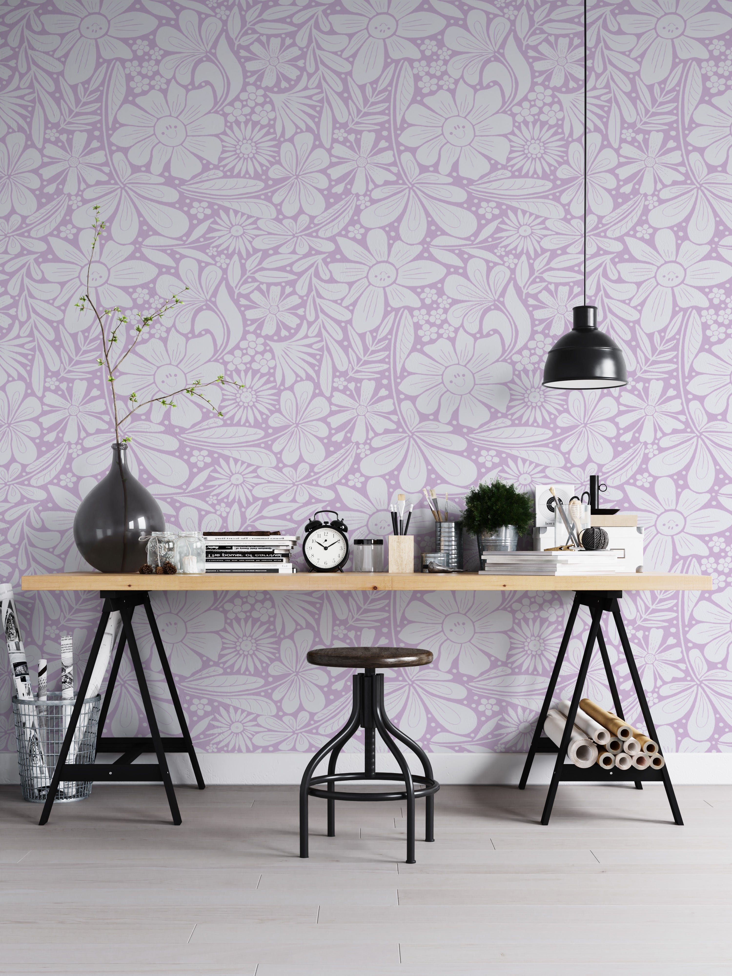 Decorative wallpaper featuring lilac happy blooms pattern
