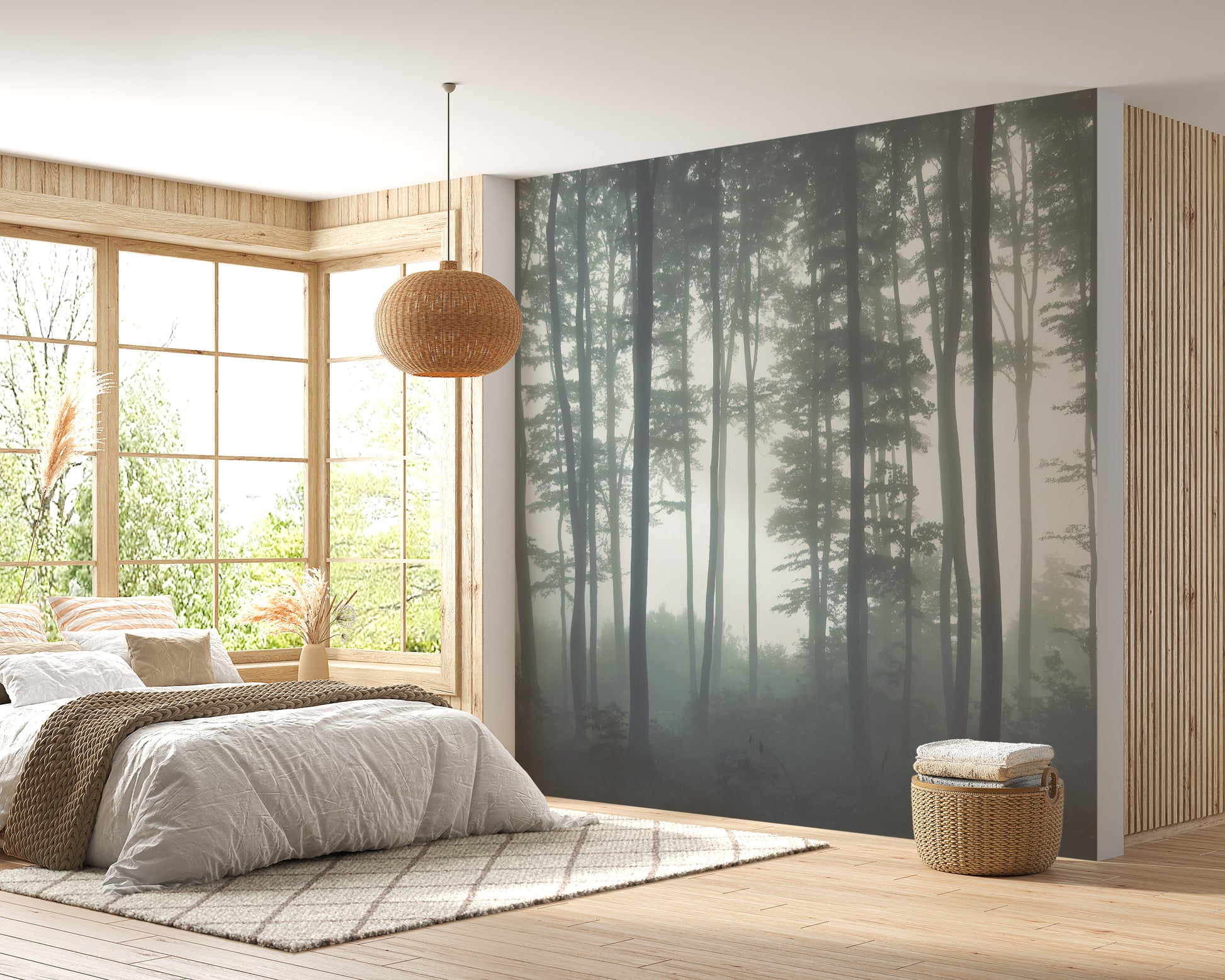 Nature-inspired towering trees wallpaper design
