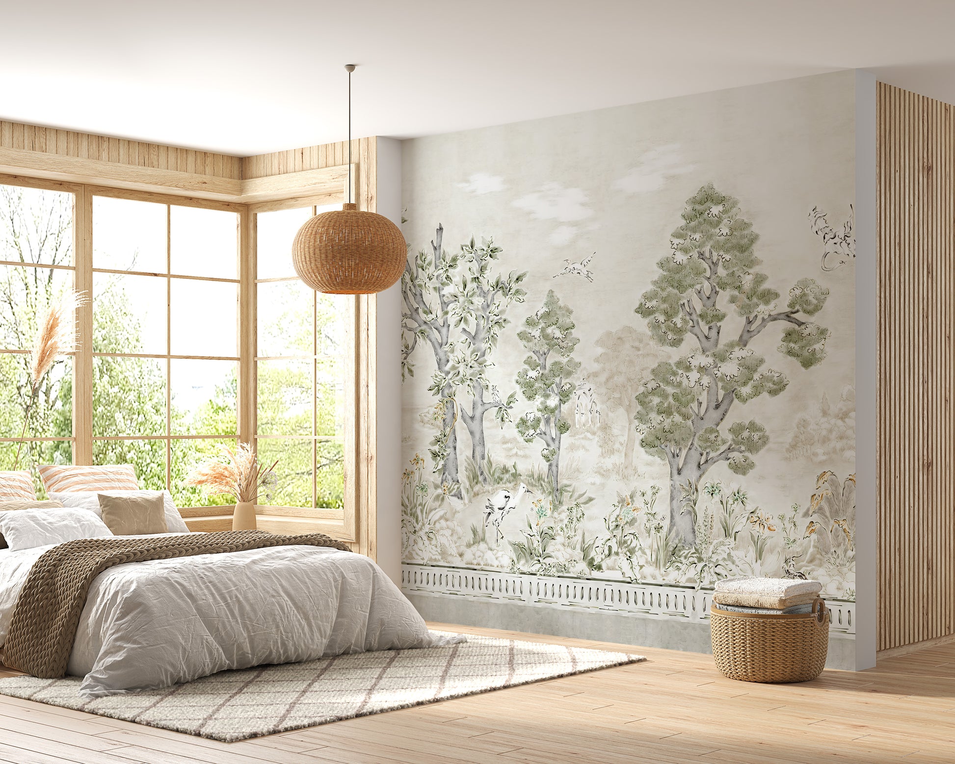 Gentle pastel tree mural for calming decor.
