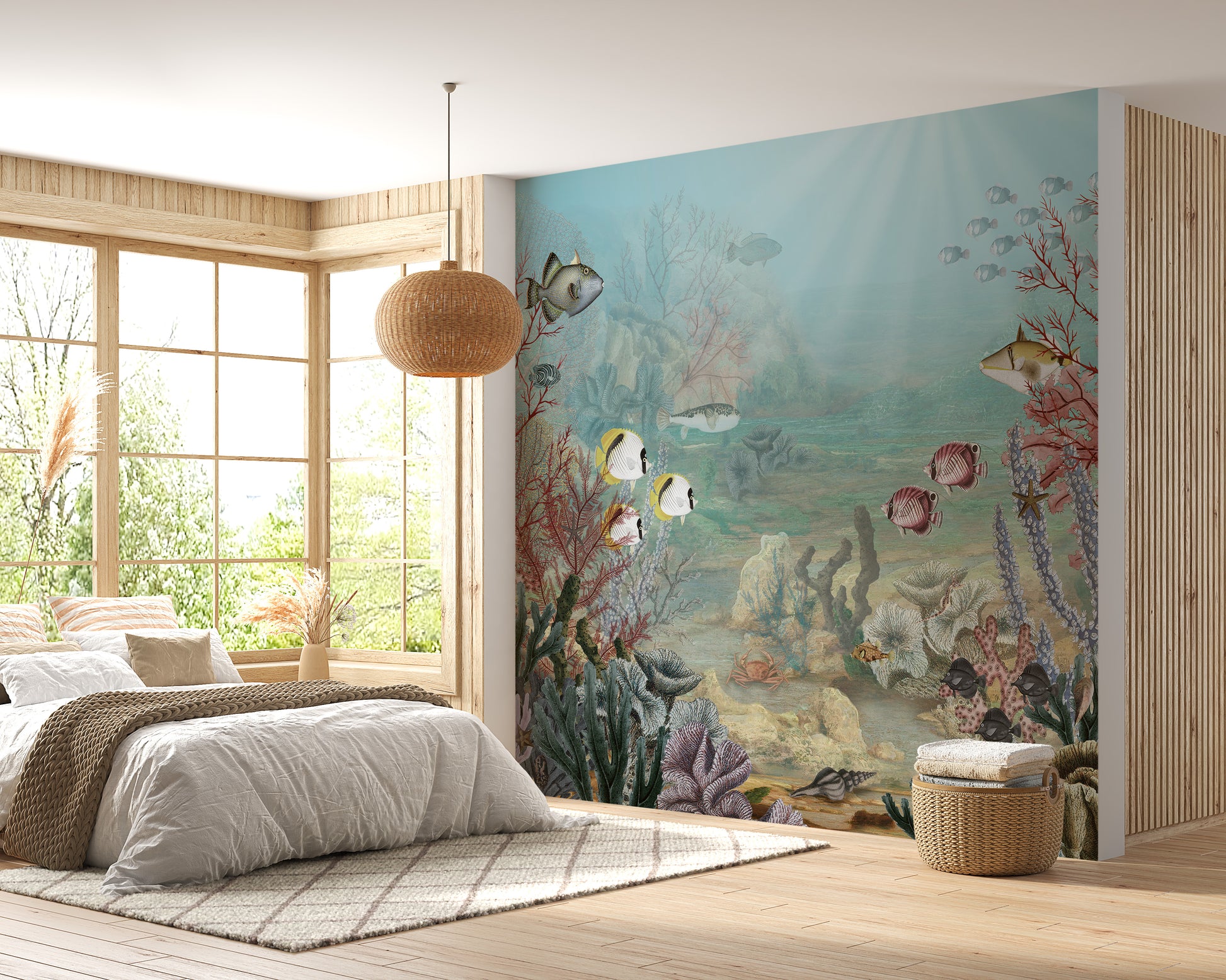 Panorama mural of underwater coral reef creatures.
