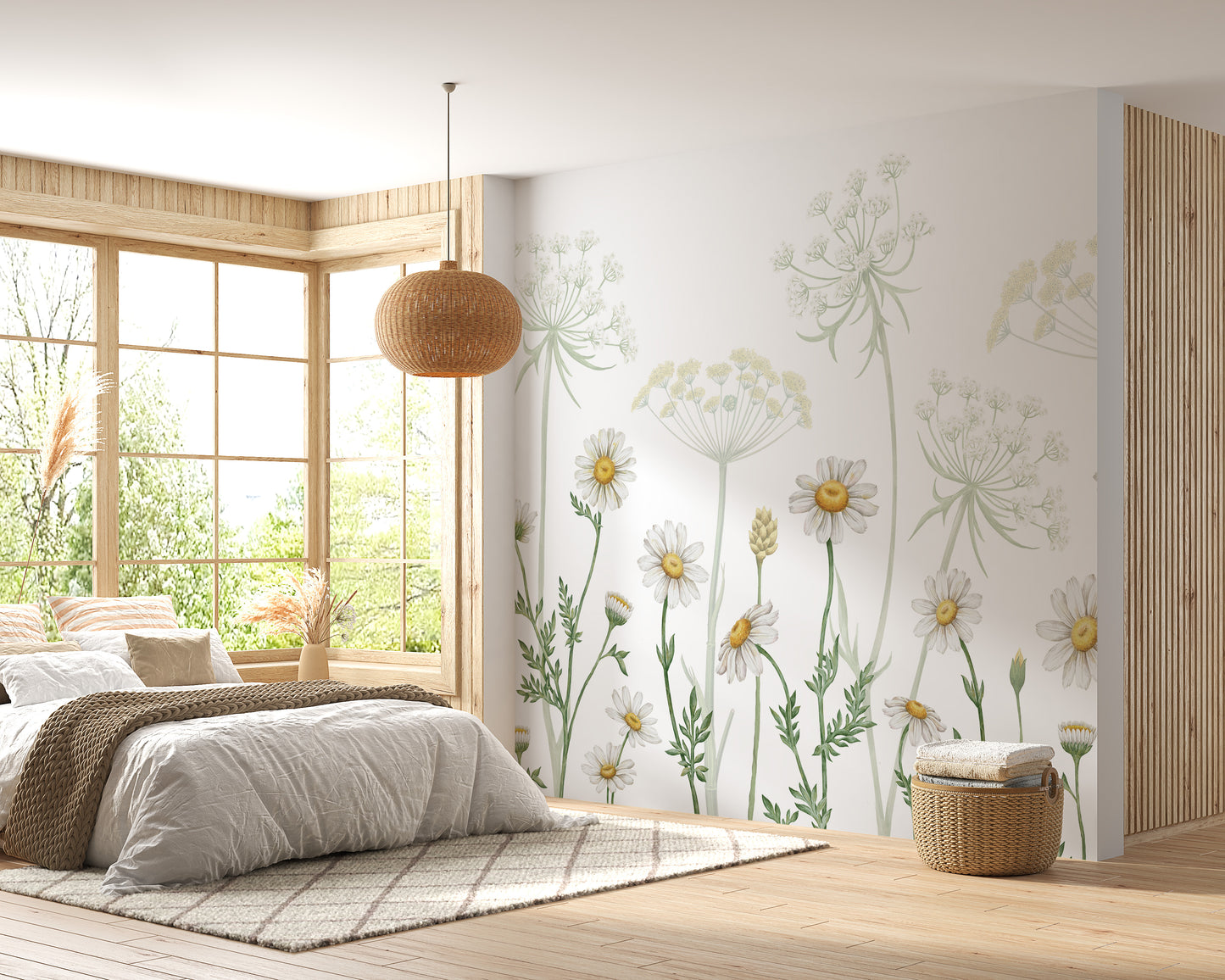 Botanical wall mural with dazzling daisy accents.
