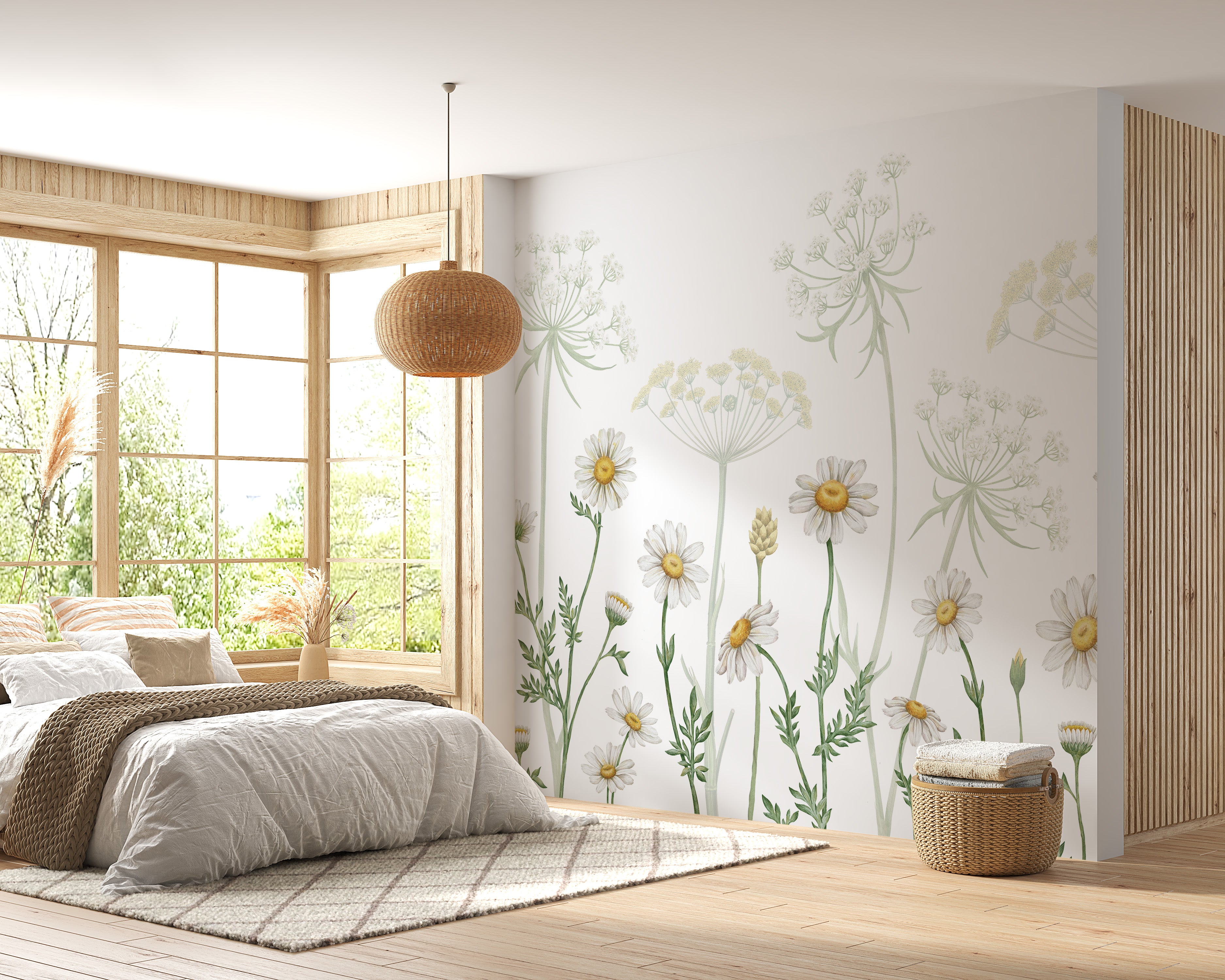 Botanical wall mural with dazzling daisy accents.
