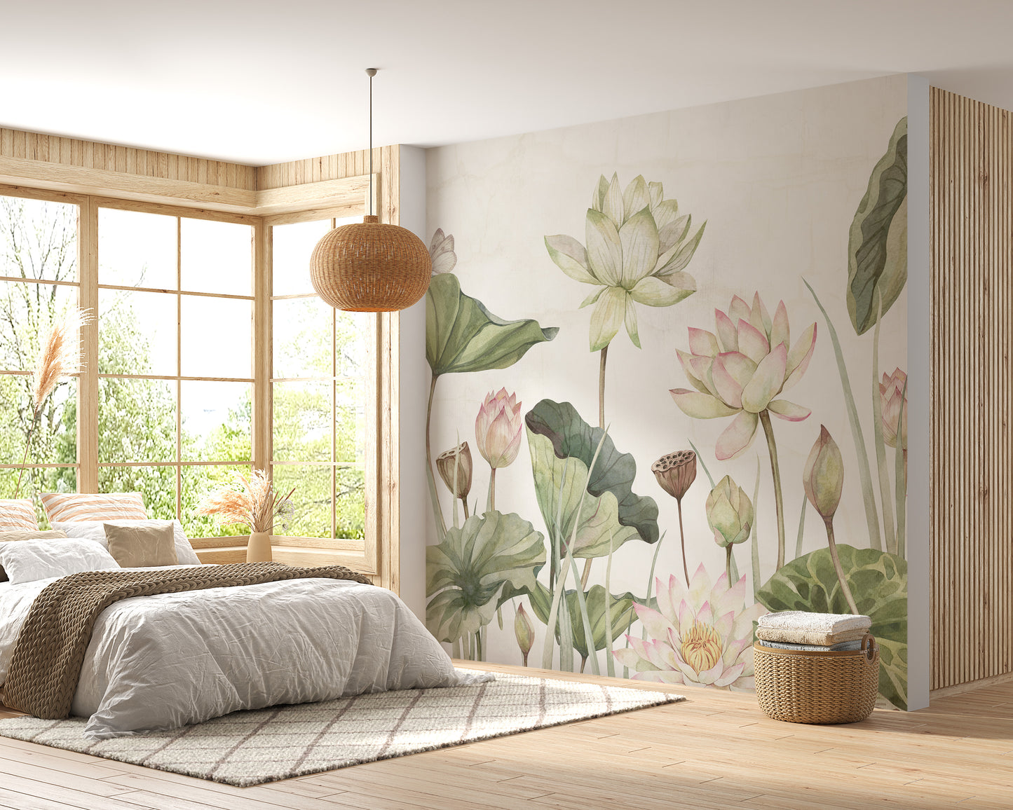 Water lily mural with serene botanical elegance.
