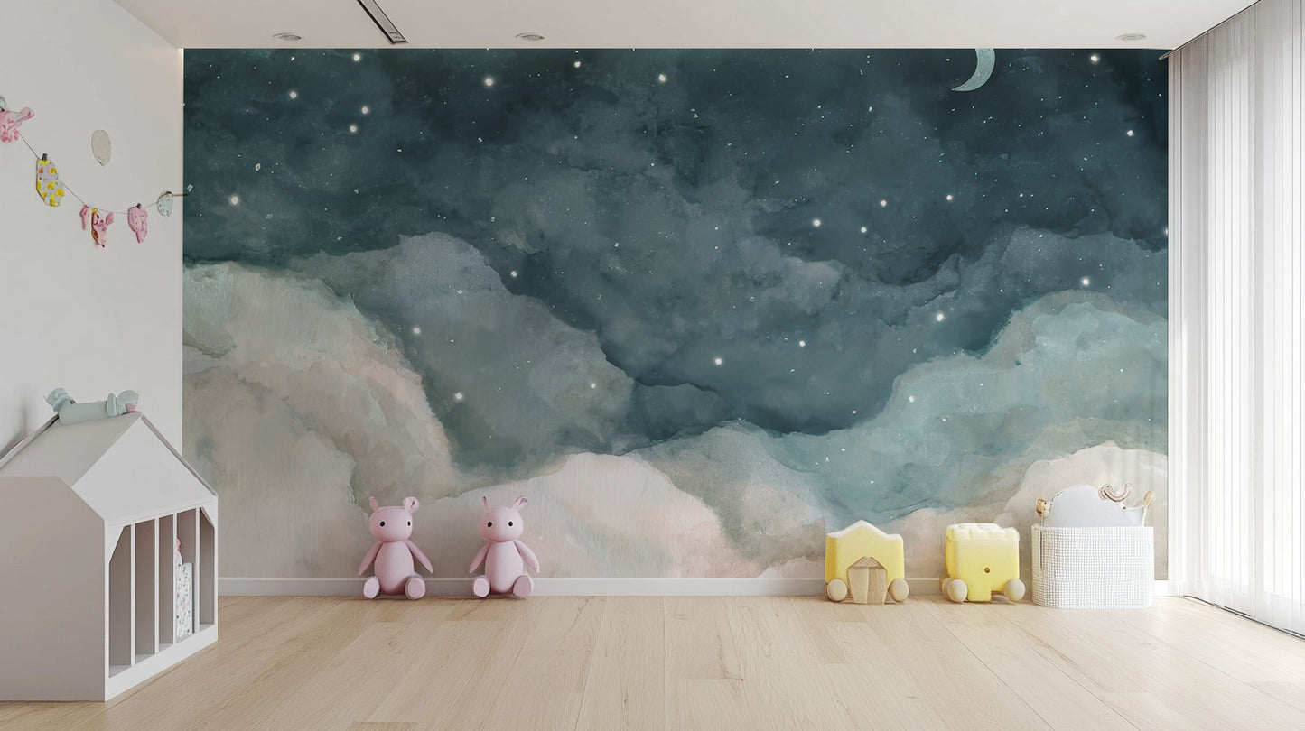 Blue Clouds and Stars Night Wallpaper Mural