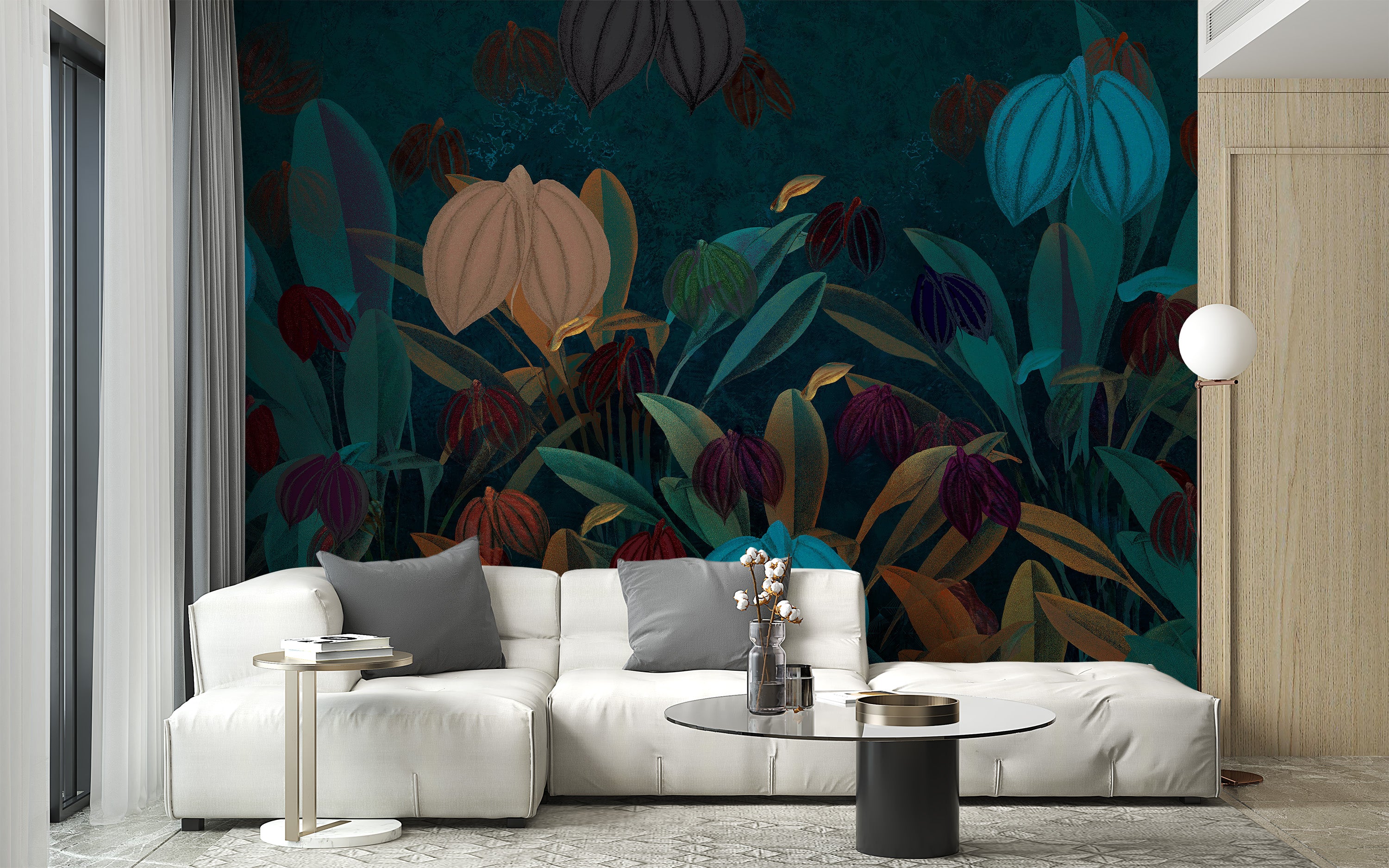 Bright and lively botanical garden wall mural for rooms.
