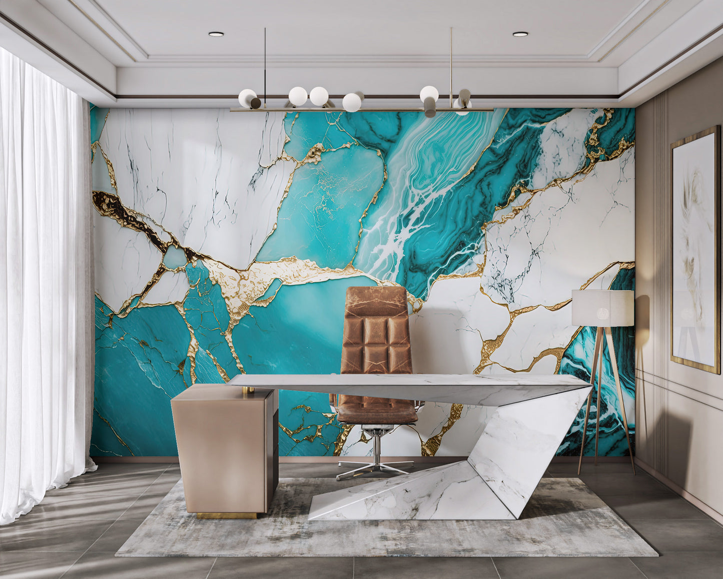 Abstract marble design with turquoise and gold veins
