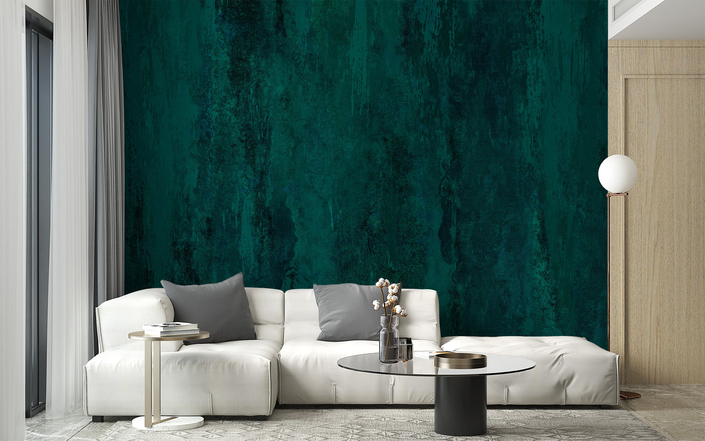 Green grunge wall mural adding an industrial touch to walls.



