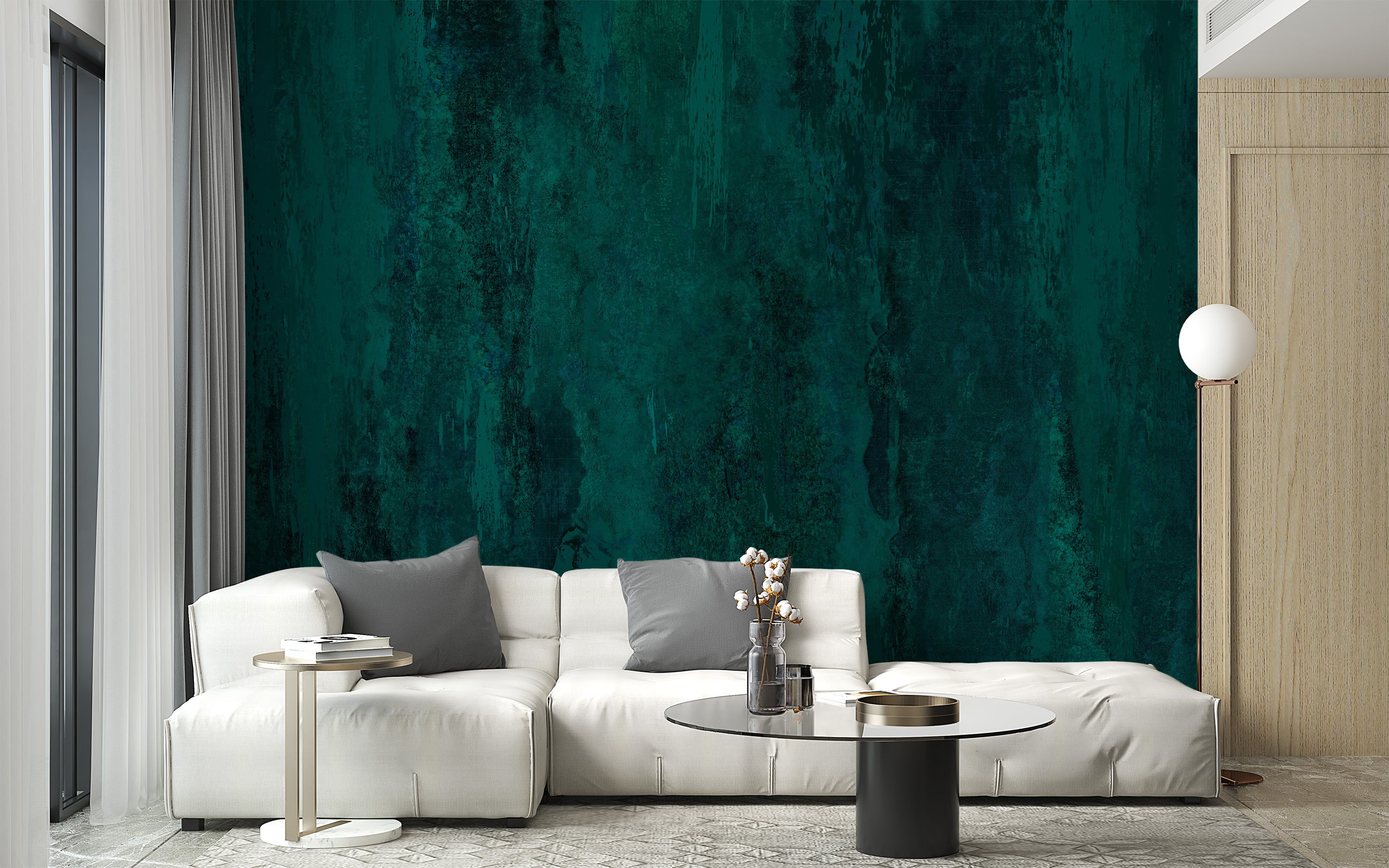 Green grunge wall mural adding an industrial touch to walls.



