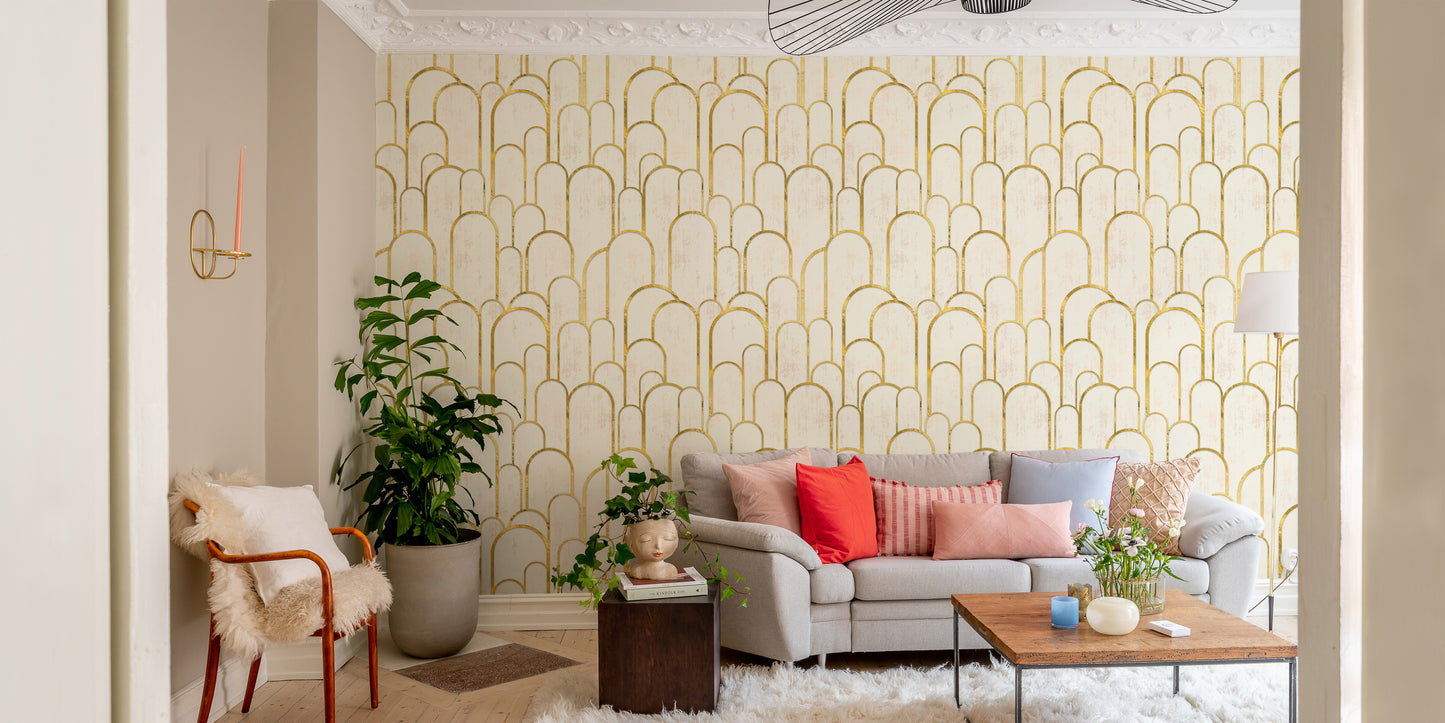 Luxurious gold Deco archway pattern wallpaper.