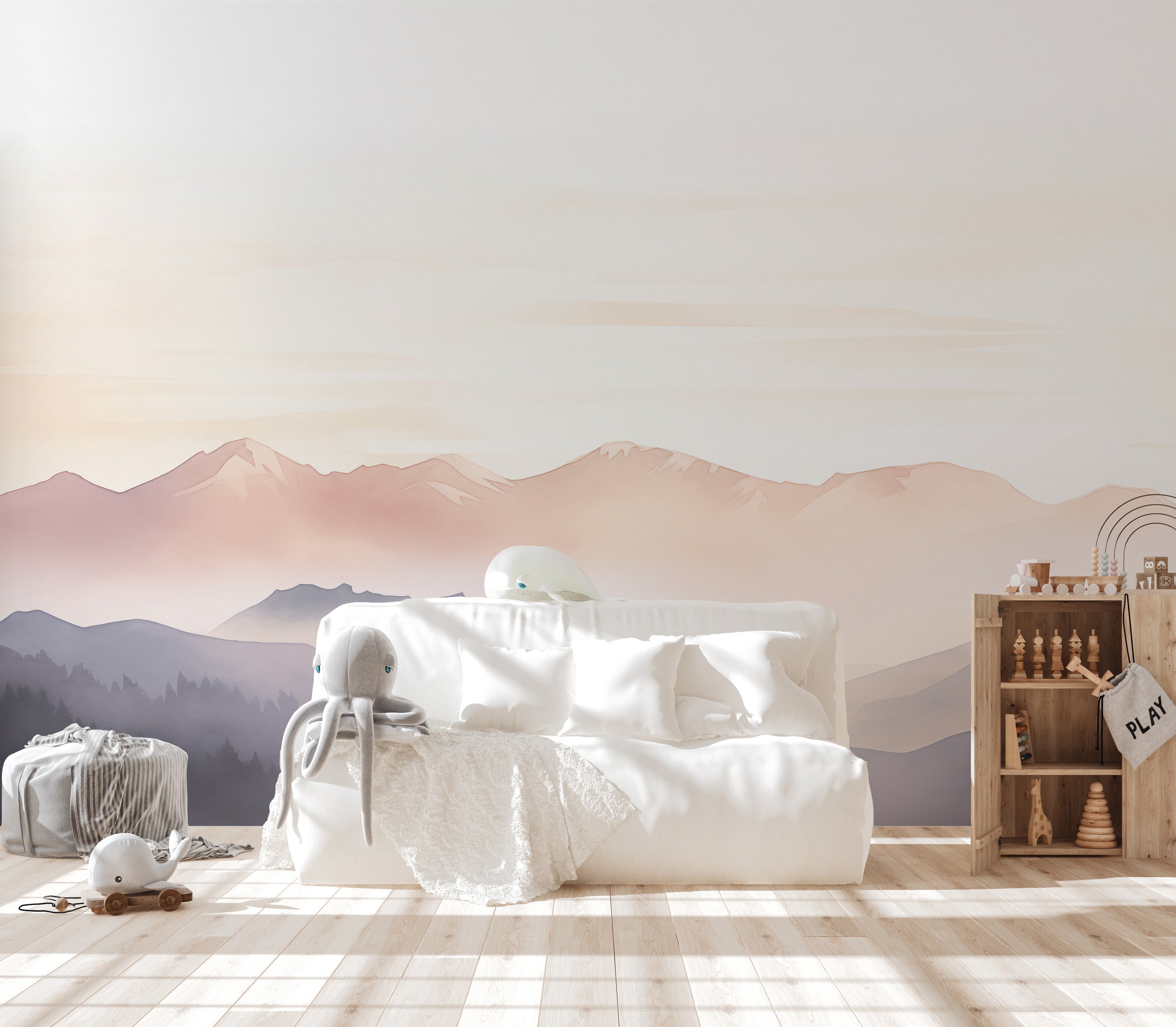 Misty foggy hills mural for a serene, calming atmosphere.
