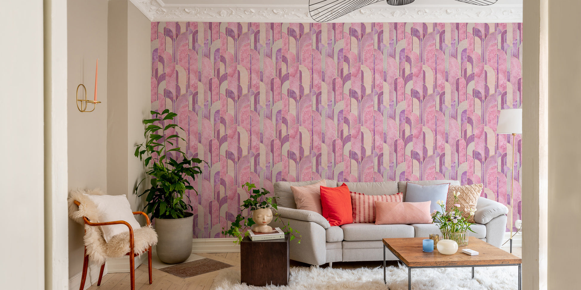 Modern pink Art Deco wall pattern wallpaper.