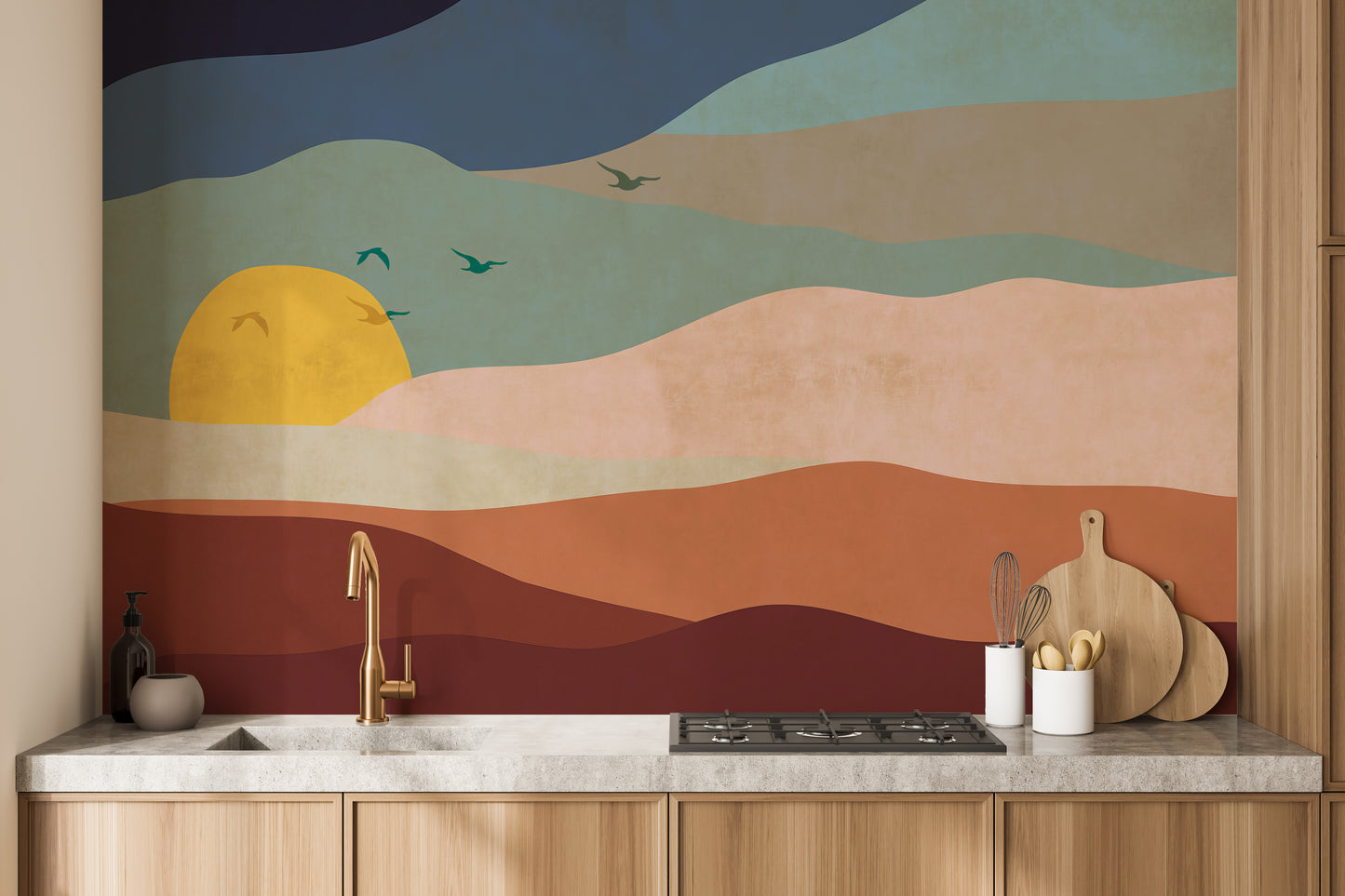 Peaceful wall mural showcasing an abstract sunset in subtle gradients
