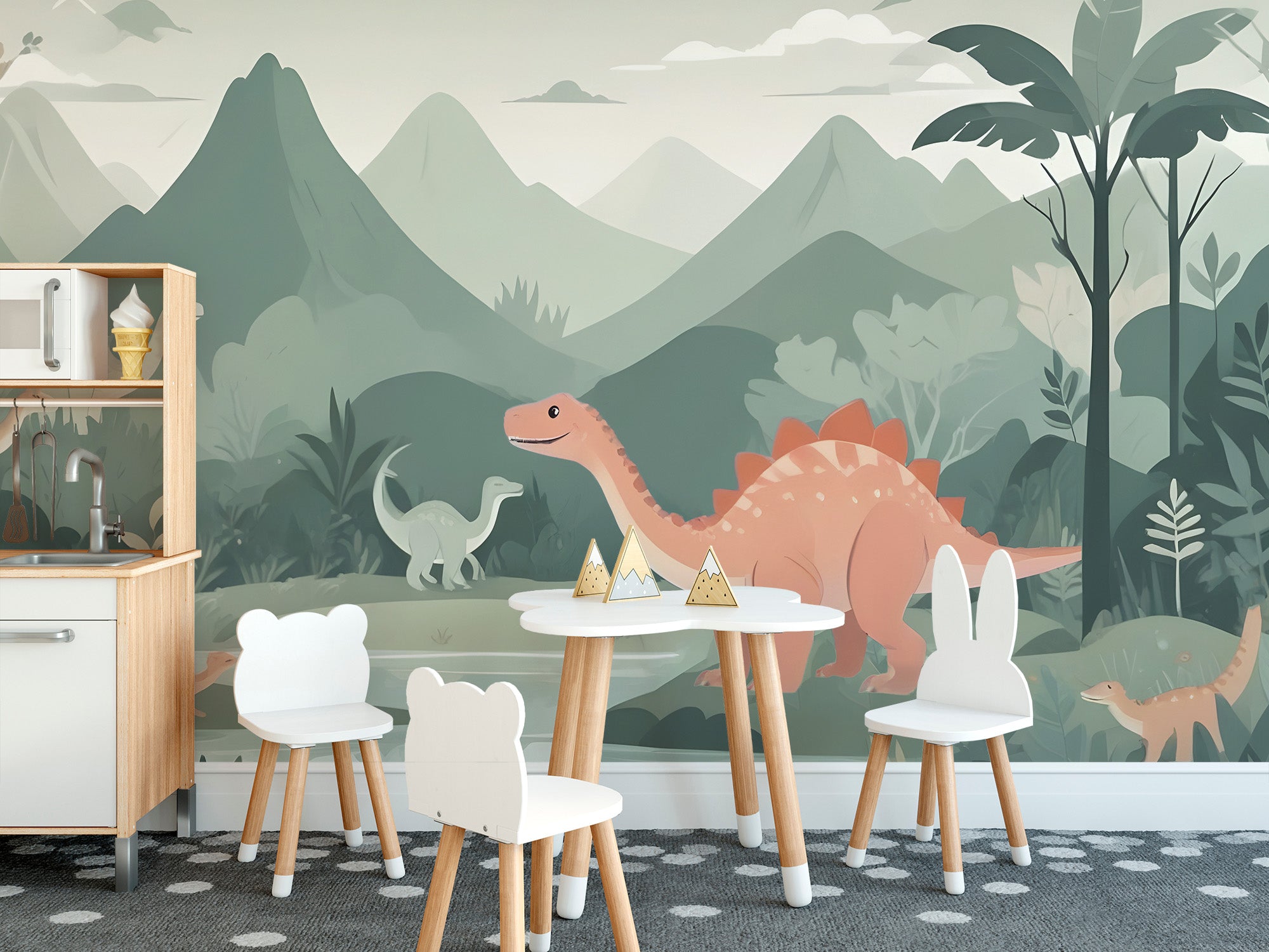 Animated dinosaur world mural for children's walls



