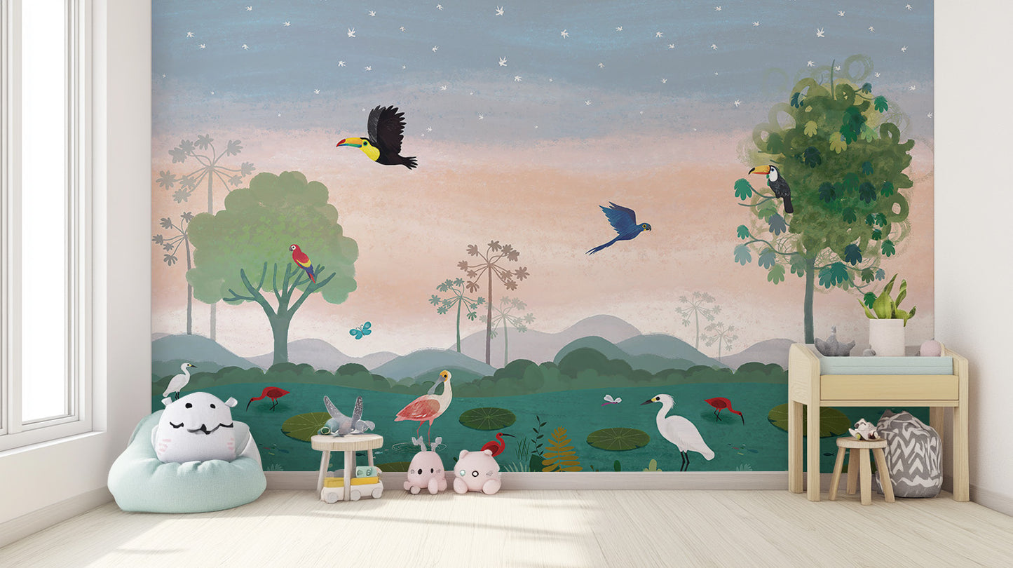 Dusky Amazon Birds Wall Mural for an outdoor atmosphere